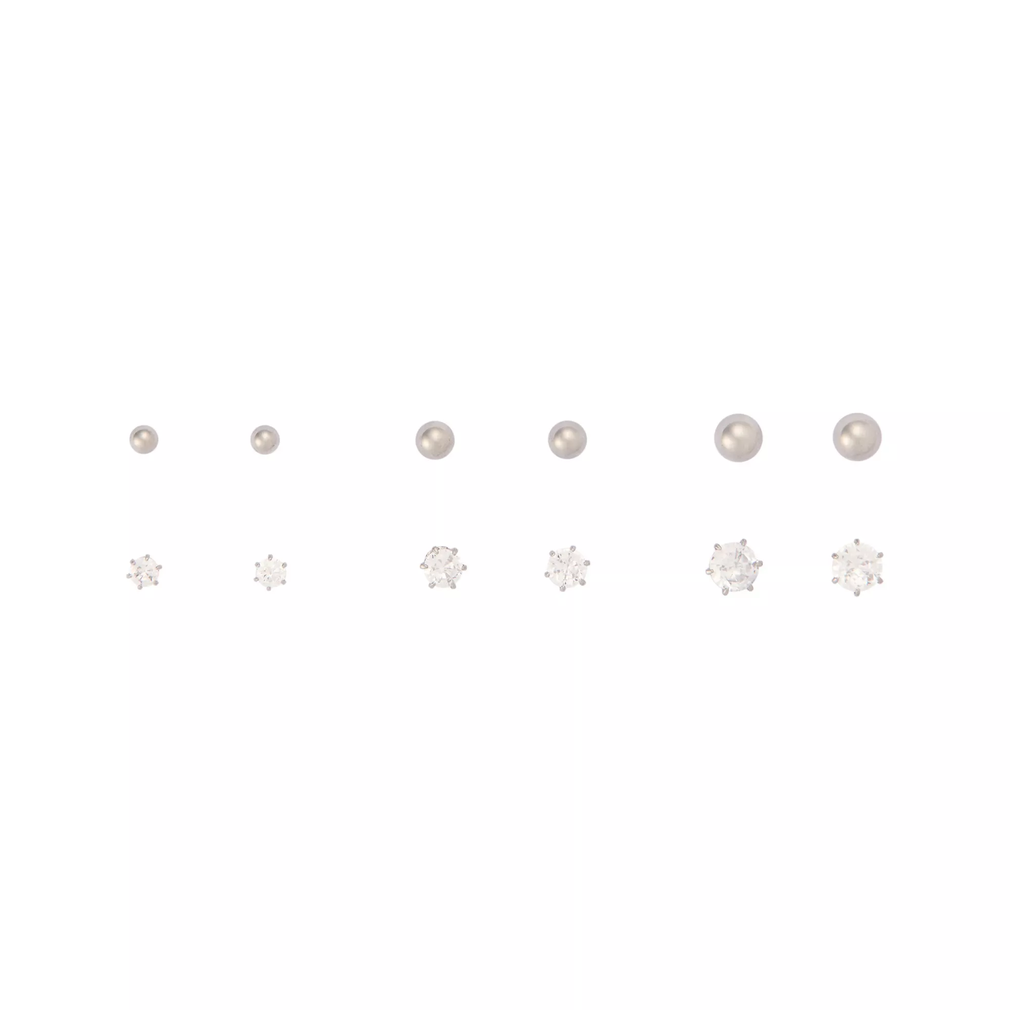 Multi-Pack Pearl-Effect and Clear CZ Silver-Toned Stud Earrings 6 Pair - 20 Gauge