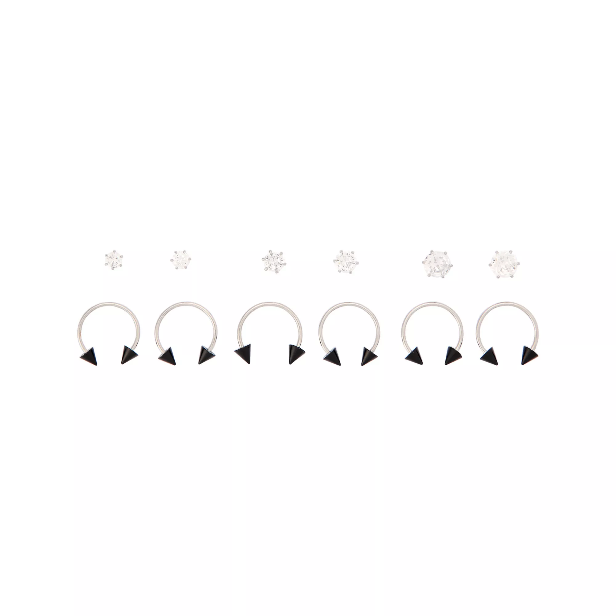 Multi-Pack Clear CZ and Black Spike Horseshoes and Stud Earrings 6 Pair - 20 Gauge