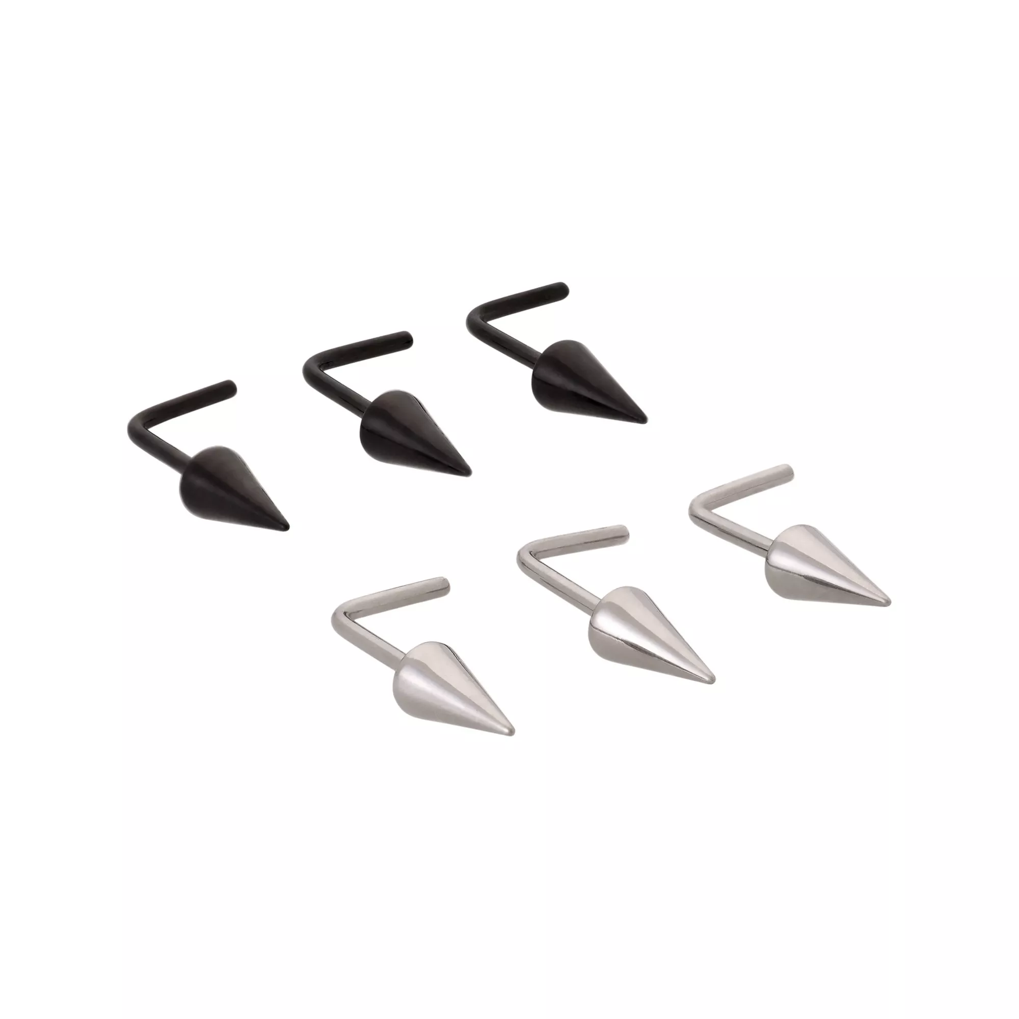 Multi-Pack ASTM F-136 Titanium Silver and Black-Toned Spike L-Bend Nose Rings 6 Pack - 20 Gauge at Spencer's