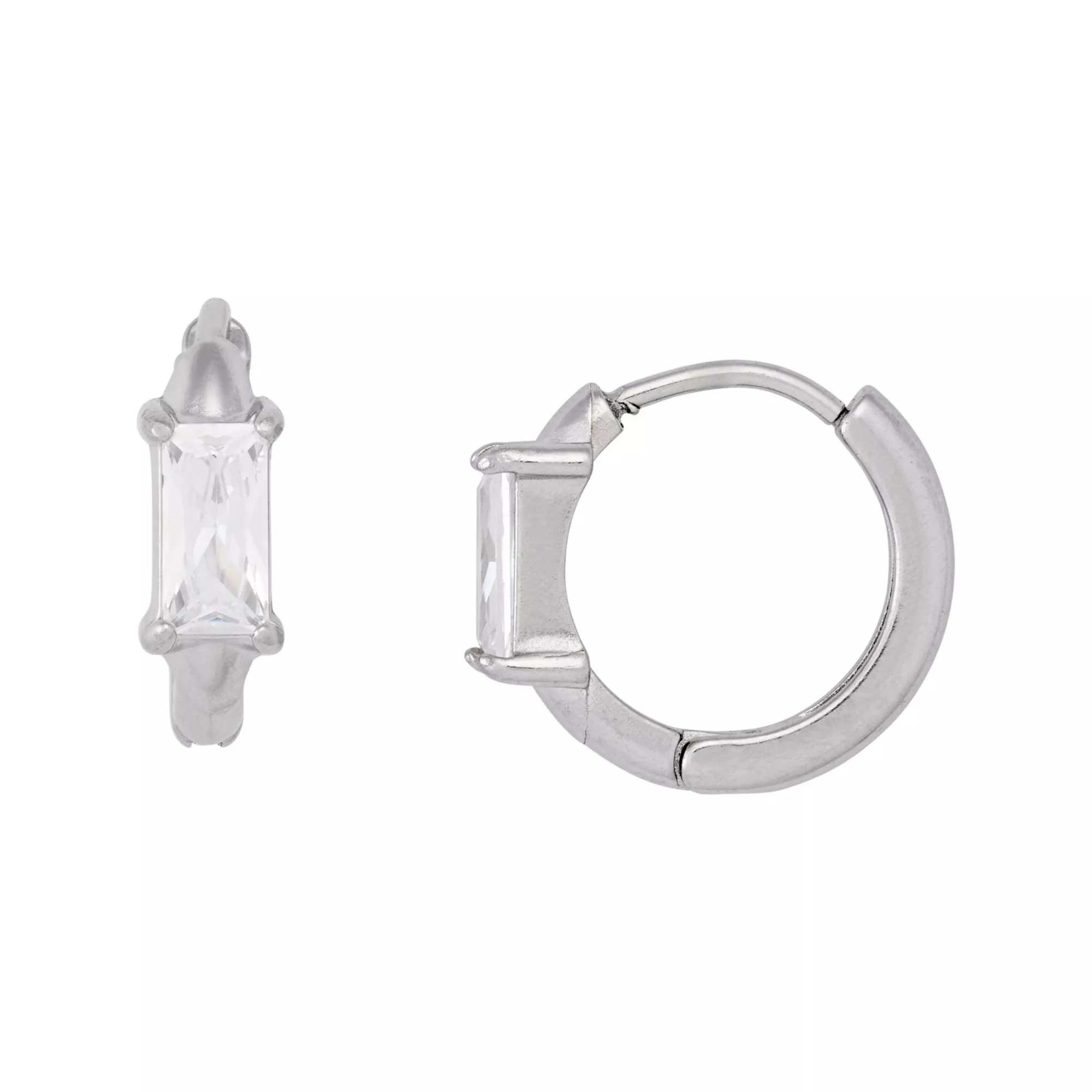 CZ Silver-Tone Rectangle Huggie Hoop Earrings - 20 Gauge
