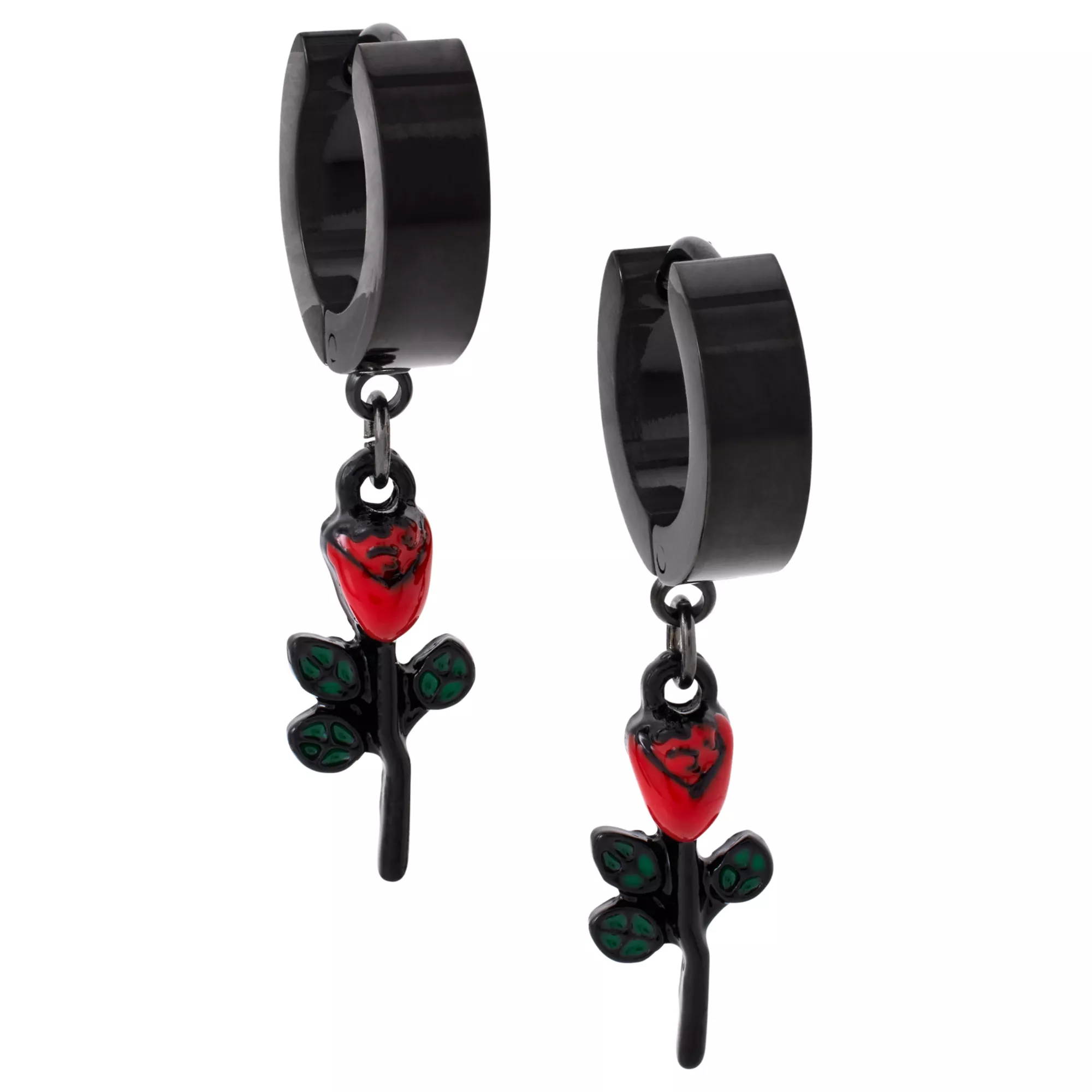 Rose Black Dangle Huggie Hoop Earrings - 18 Gauge