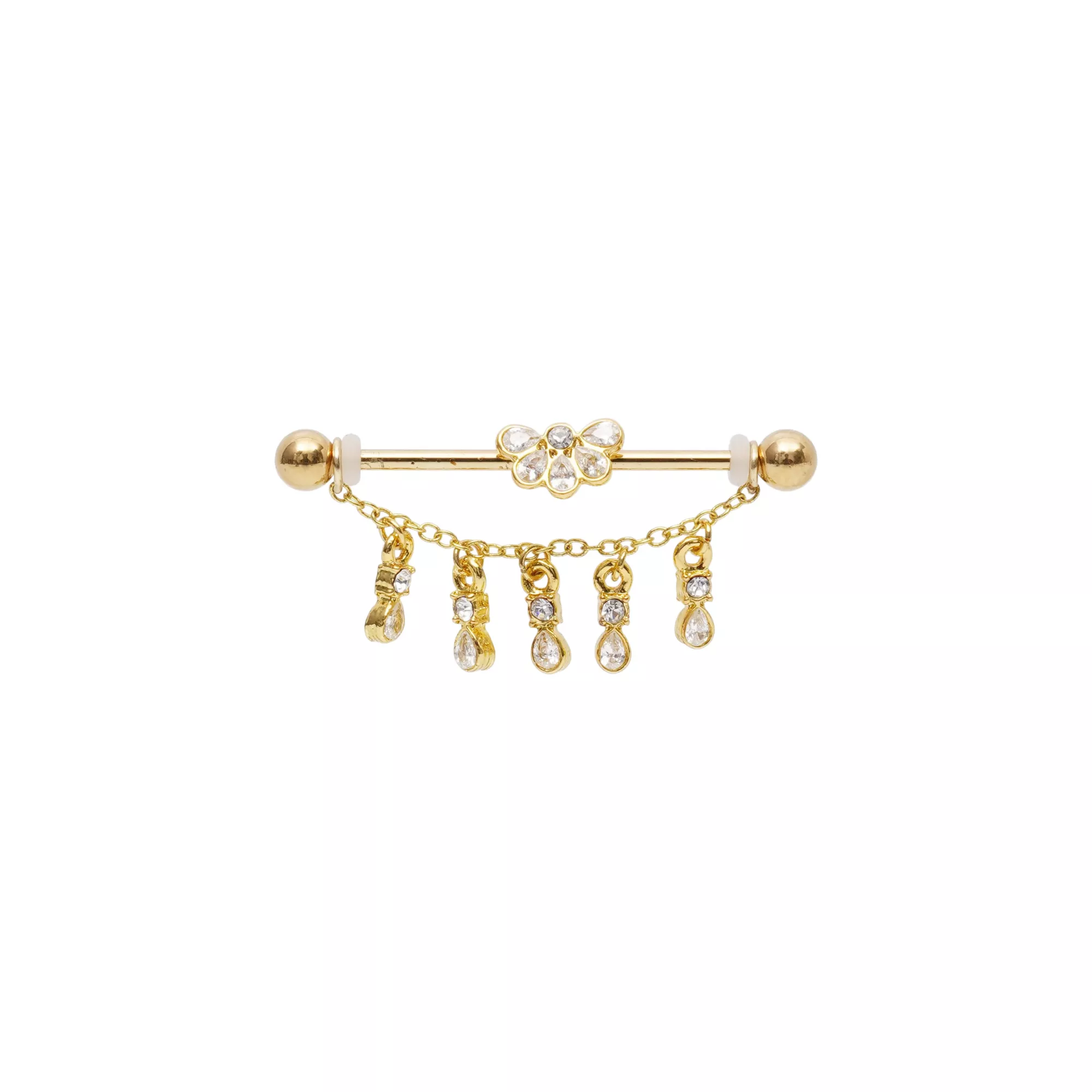 Gold-Toned Clear Crystal Flower Dangle Chain Industrial Barbell - 14 Gauge