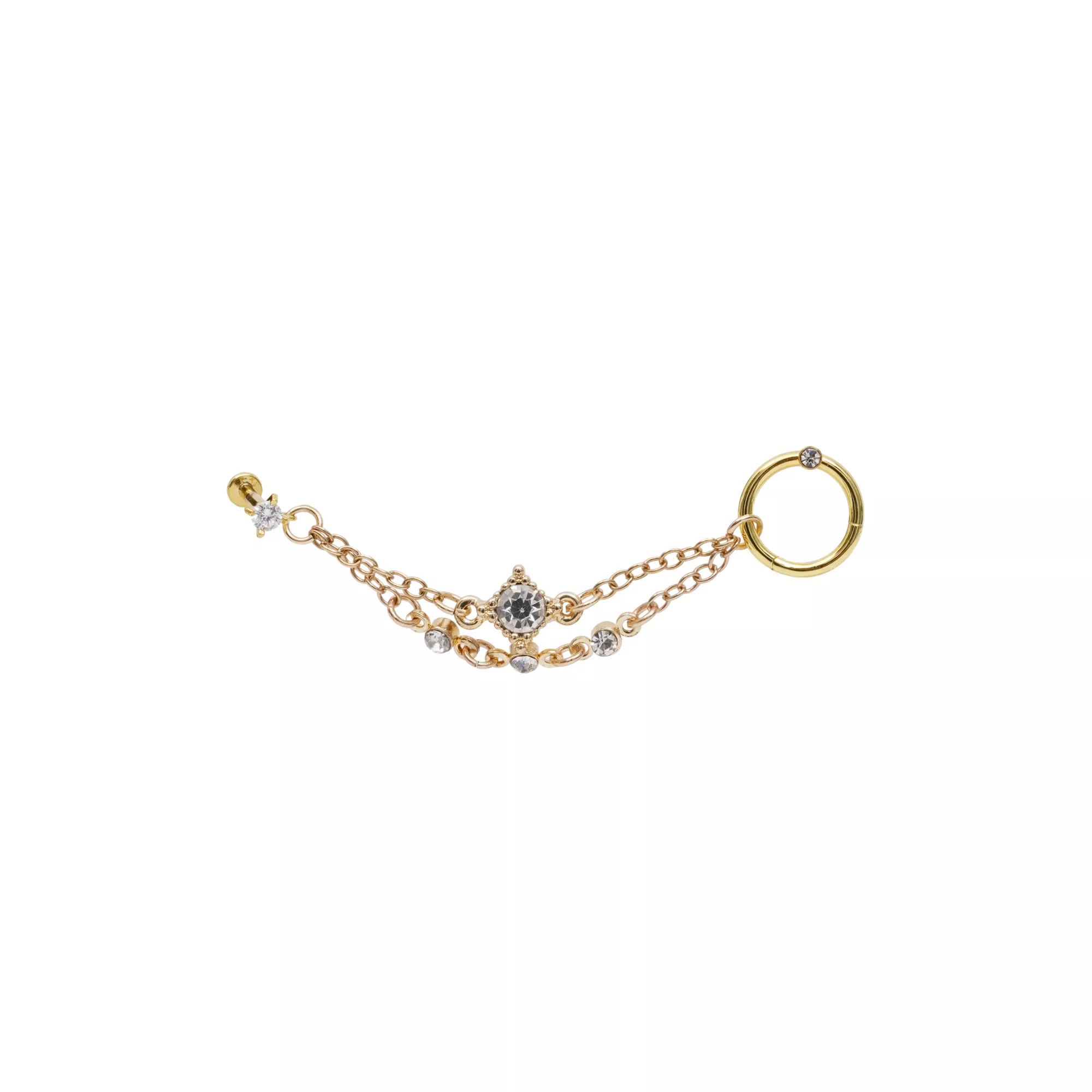 CZ Gold-Toned Chain Labret With Hoop - 14 Gauge