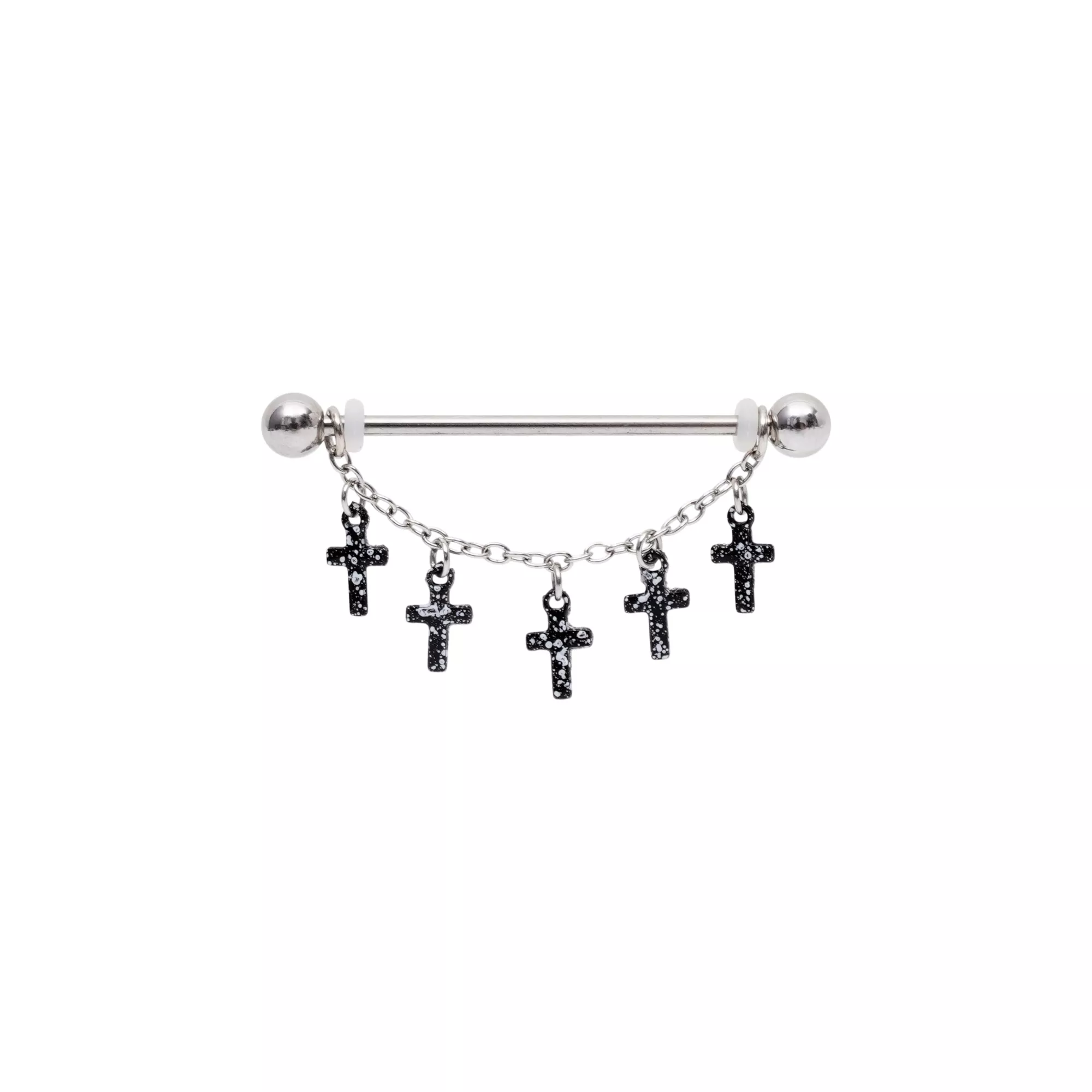 Silver-Toned Black Cross Dangle Chain Industrial Barbell - 14 Gauge