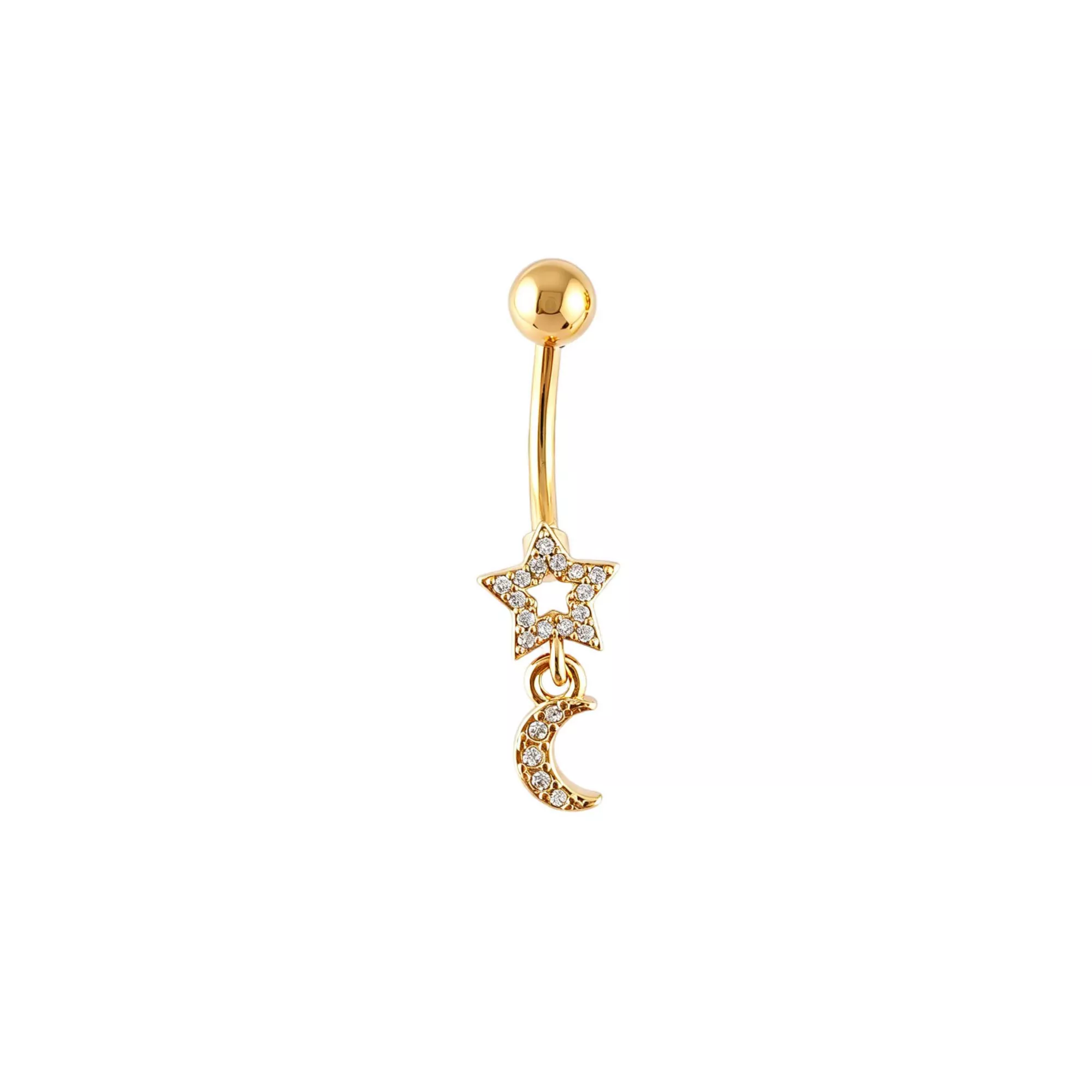 CZ Star and Moon Gold-Tone Dangle Belly Ring - 14 Gauge