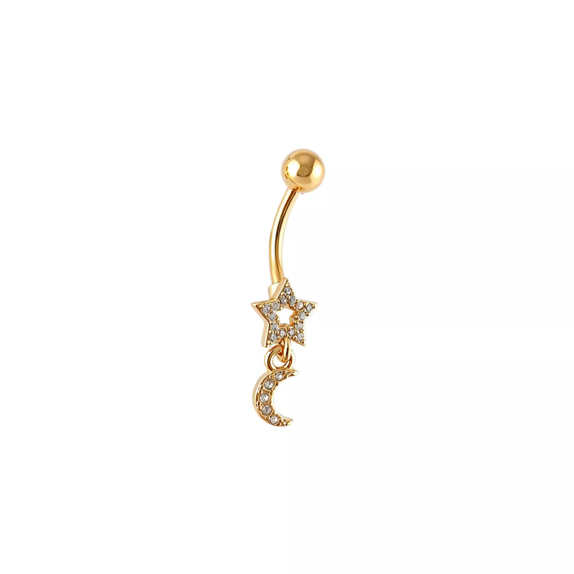 CZ Star and Moon Gold-Tone Dangle Belly Ring - 14 Gauge