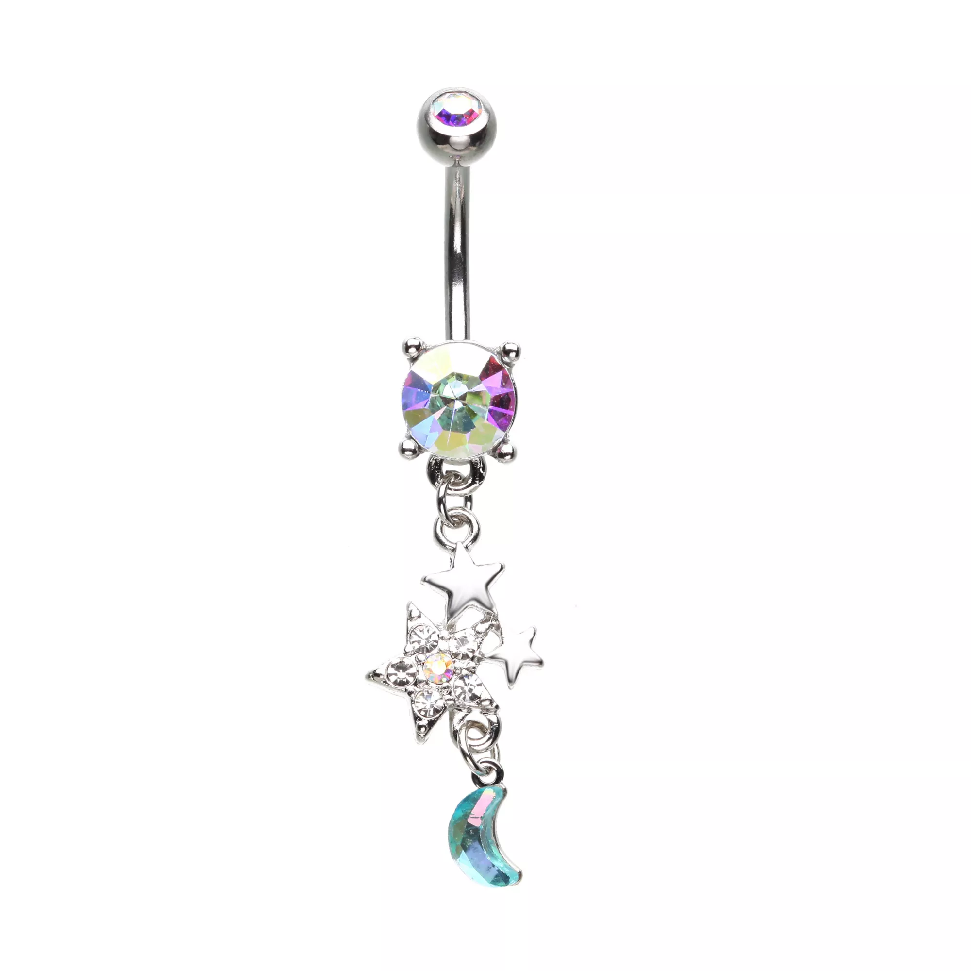 Silver-Toned AB Star and Moon Dangle Belly Ring - 14 Gauge