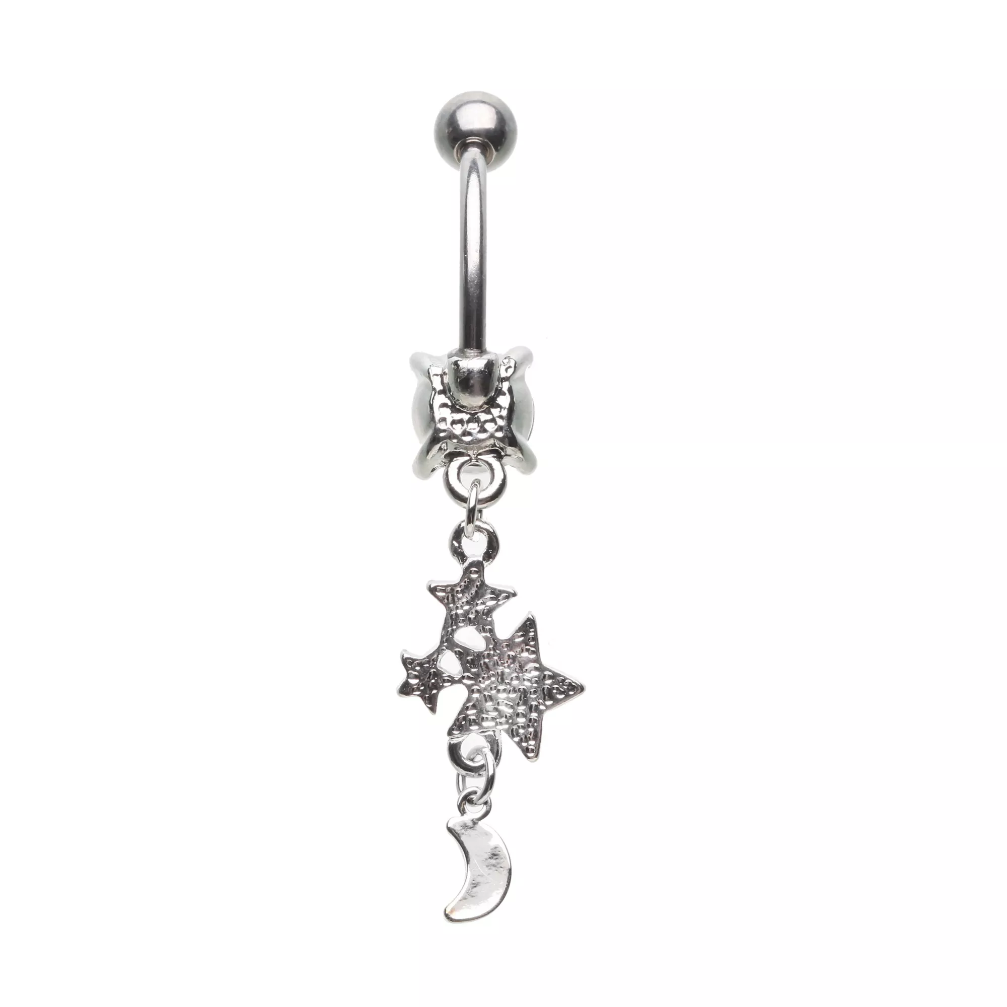 Silver-Toned AB Star and Moon Dangle Belly Ring - 14 Gauge