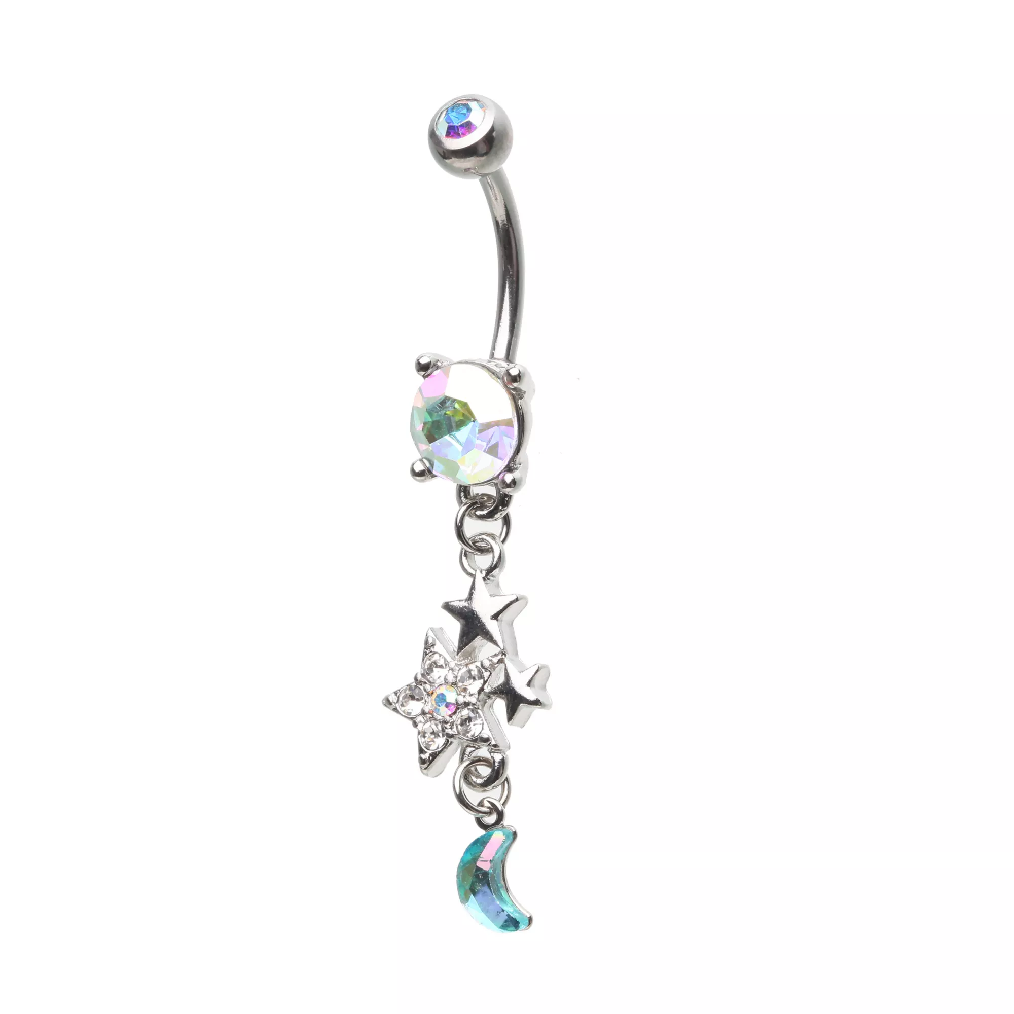 Silver-Toned AB Star and Moon Dangle Belly Ring - 14 Gauge