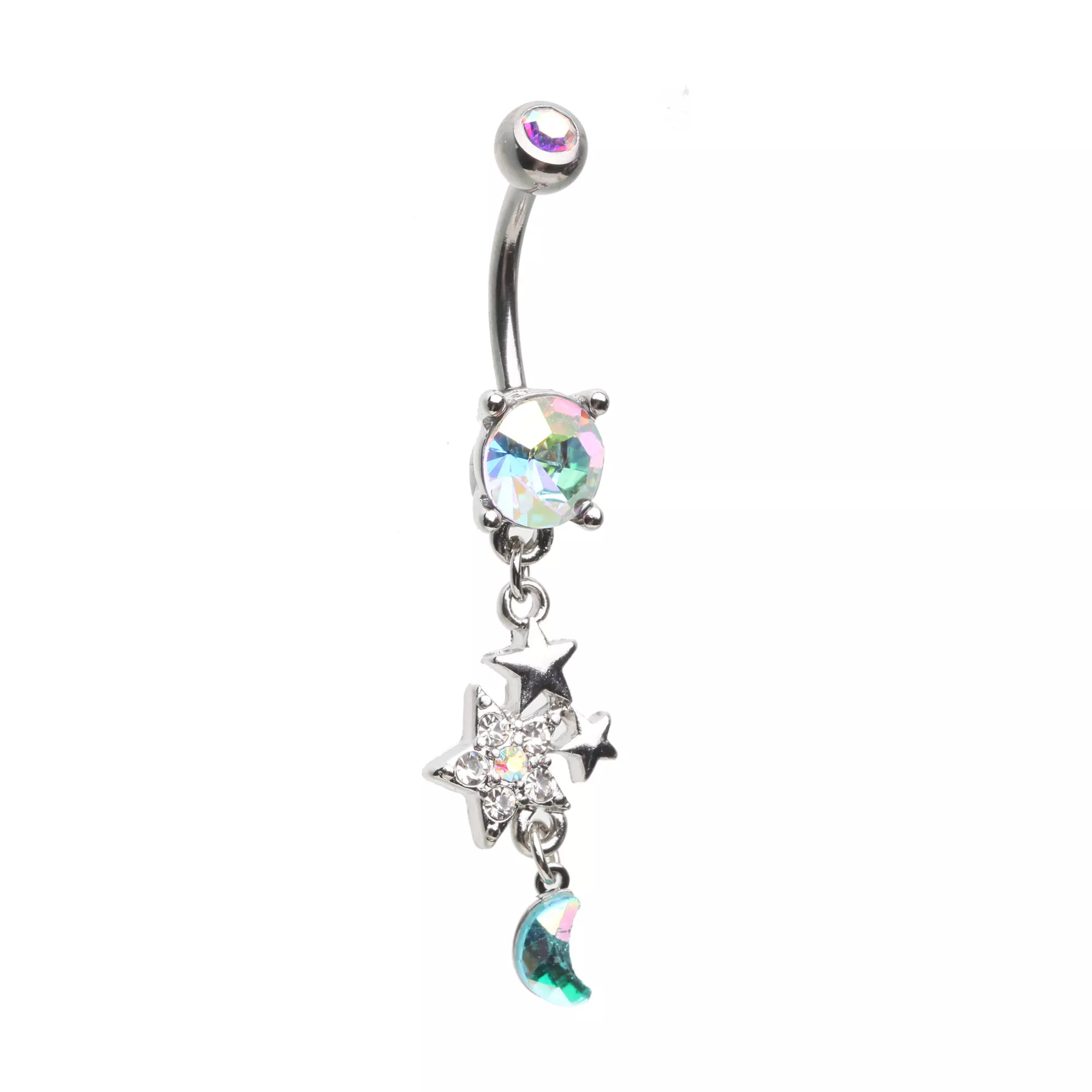 Silver-Toned AB Star and Moon Dangle Belly Ring - 14 Gauge