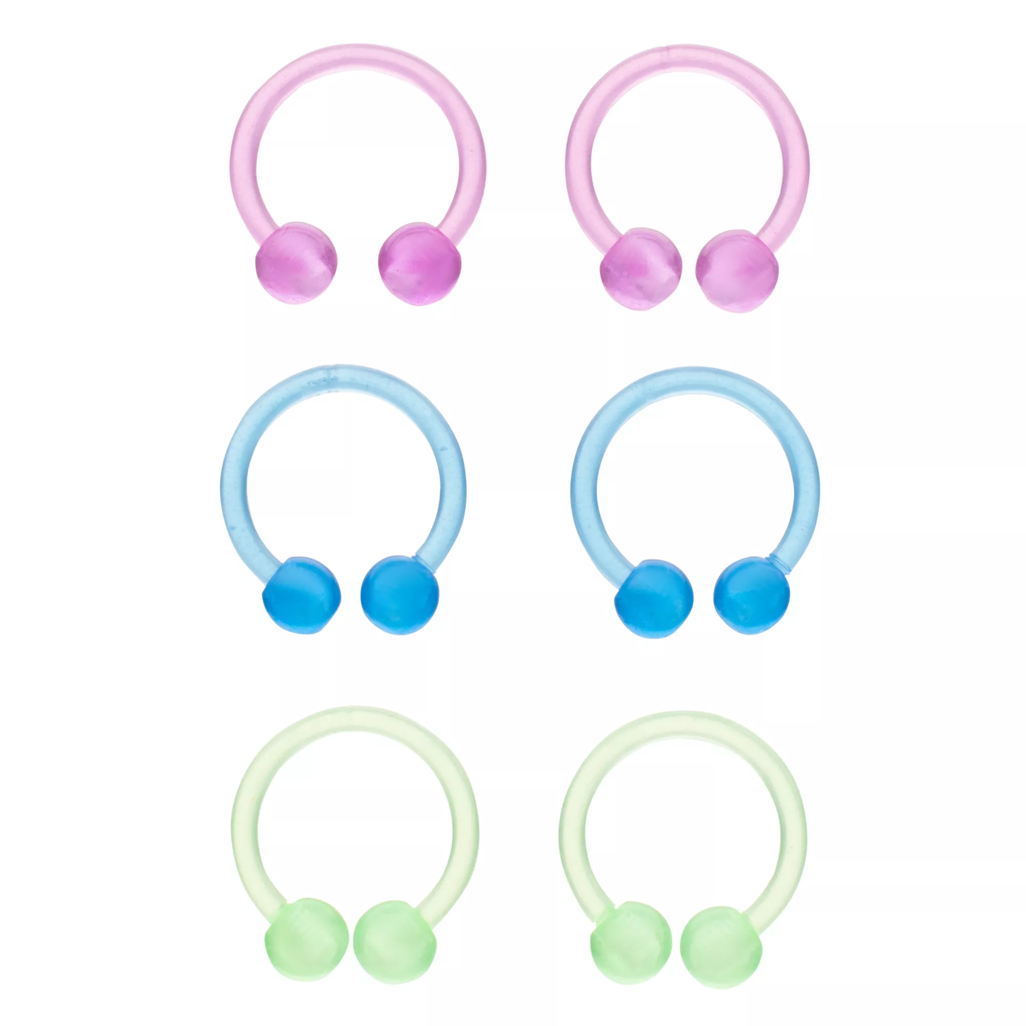 Pink Blue and Green Bioflex Horseshoe Rings 6 Pack - 16 Gauge