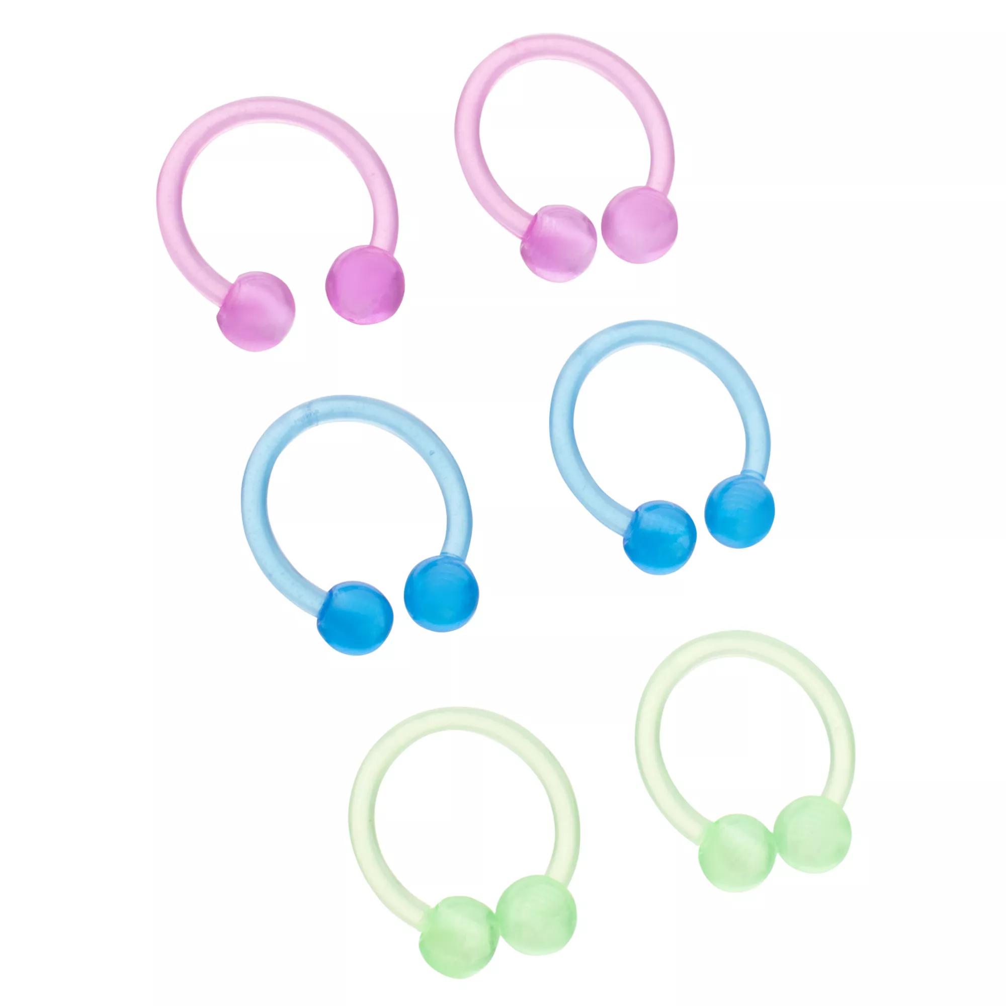 Pink Blue and Green Bioflex Horseshoe Rings 6 Pack - 16 Gauge