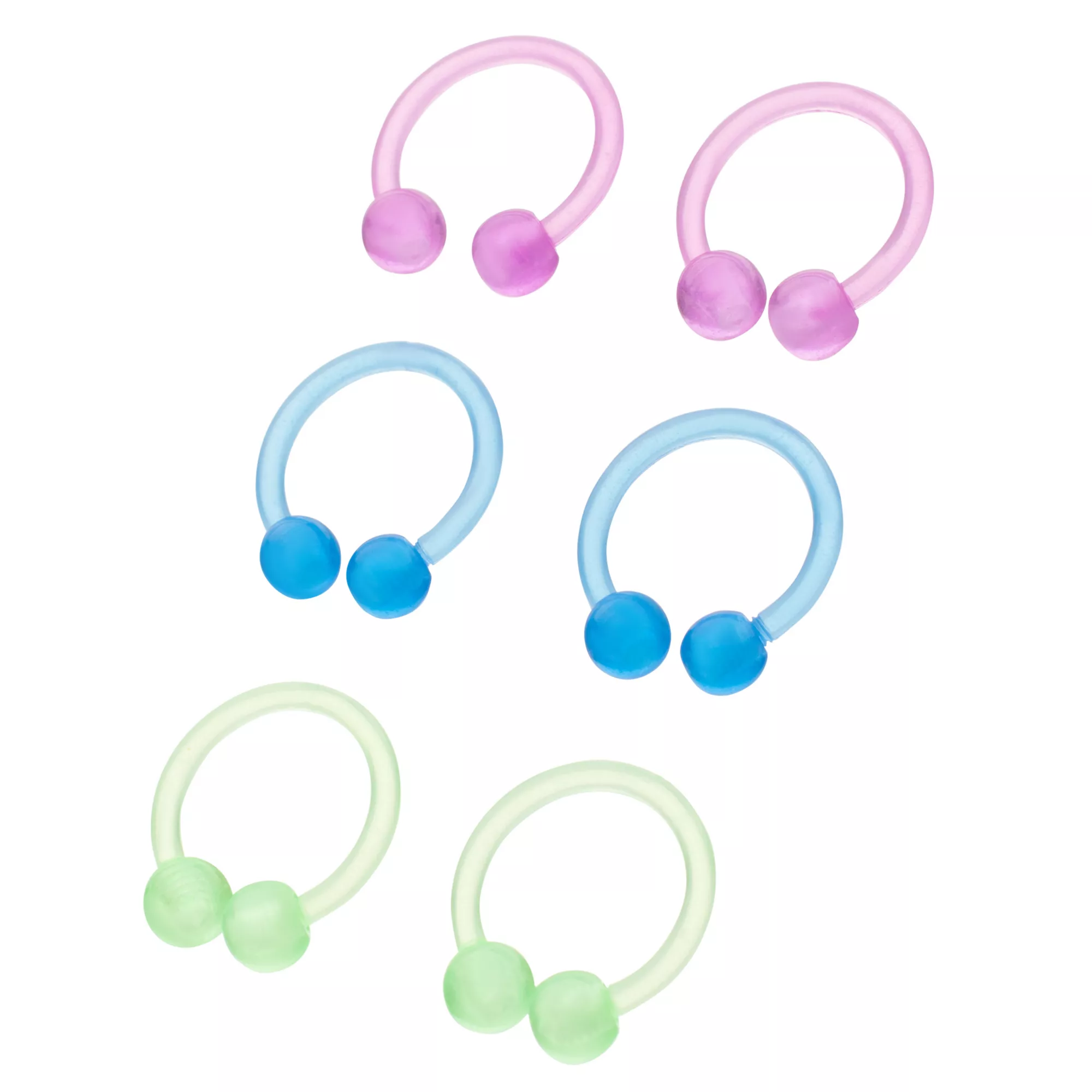 Pink Blue and Green Bioflex Horseshoe Rings 6 Pack - 16 Gauge
