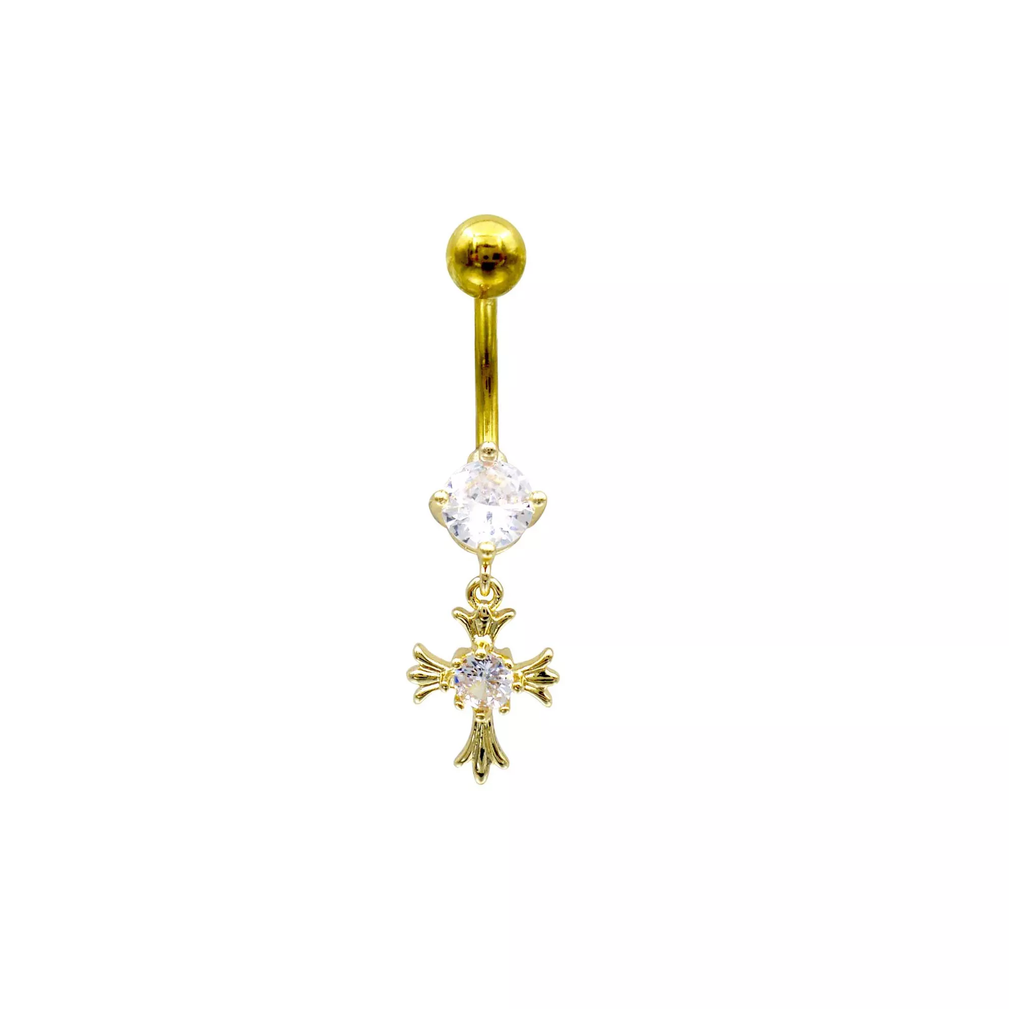CZ Gold-Tone Cross Dangle Belly Ring - 14 Gauge