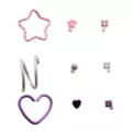 Multi-Pack Pink and Purple Crystal Heart Star Silver-Tone Nose Pins and Hoops 9 Pack - 20 Gauge at Spencer's