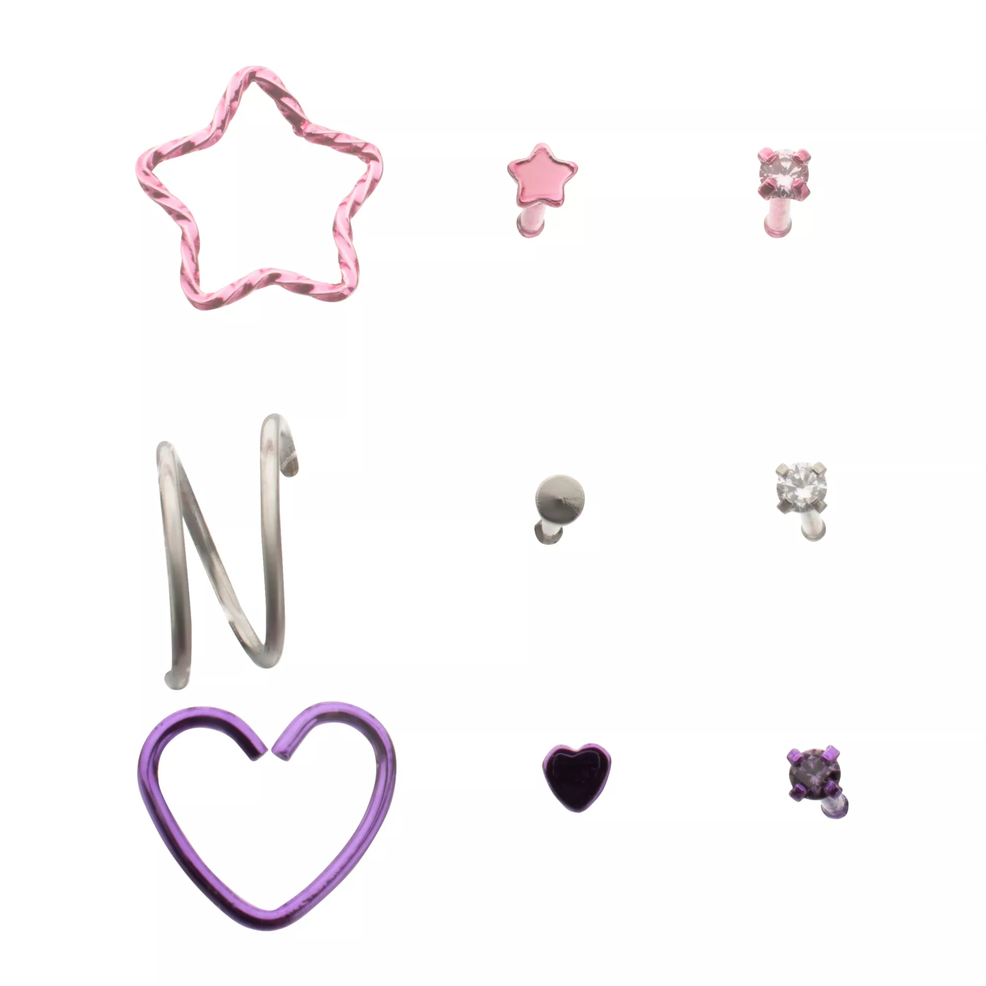 Multi-Pack Pink and Purple Crystal Heart Star Silver-Tone Nose Pins and Hoops 9 Pack - 20 Gauge