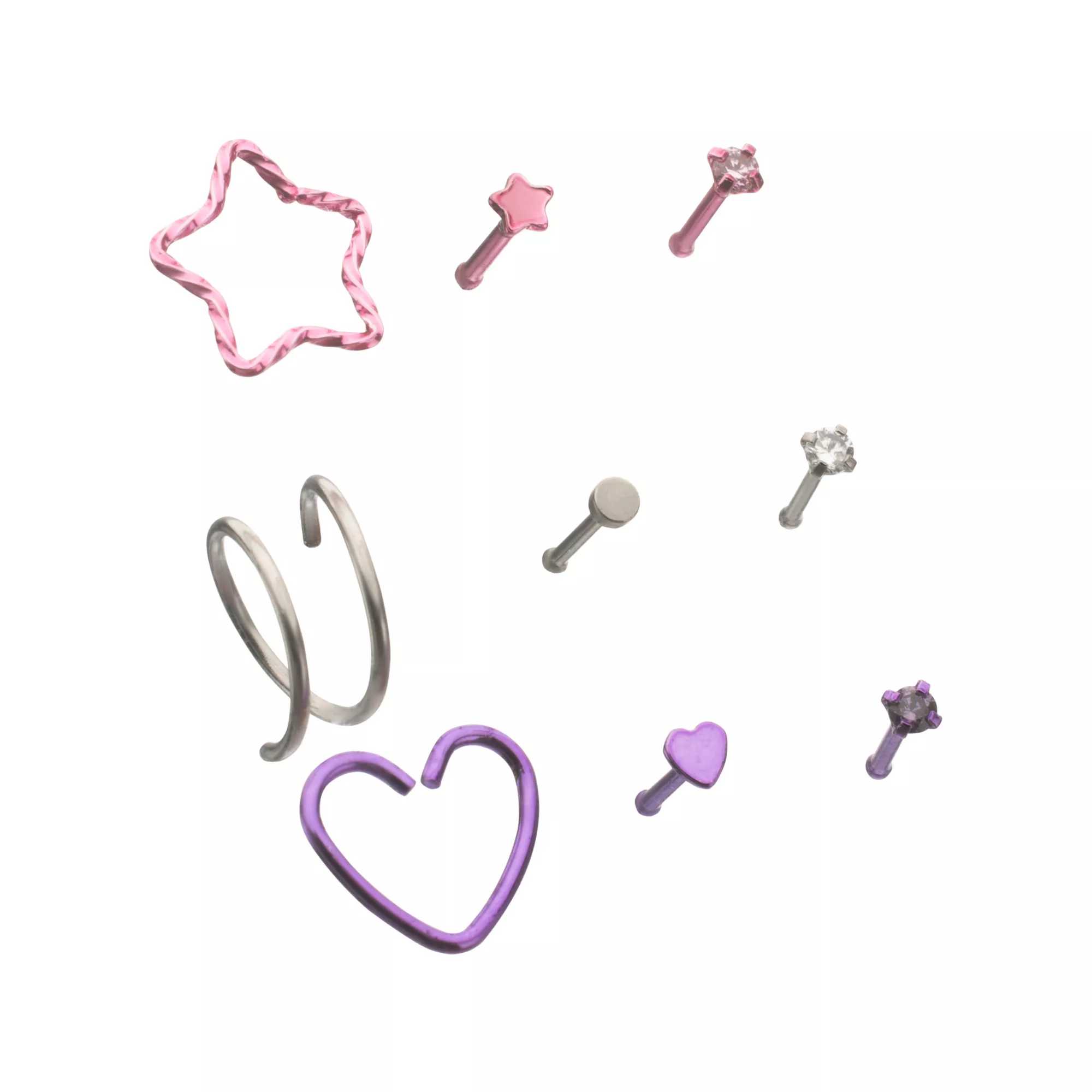 Multi-Pack Pink and Purple Crystal Heart Star Silver-Tone Nose Pins and Hoops 9 Pack - 20 Gauge