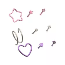 Multi-Pack Pink and Purple Crystal Heart Star Silver-Tone Nose Pins and Hoops 9 Pack - 20 Gauge at Spencer's