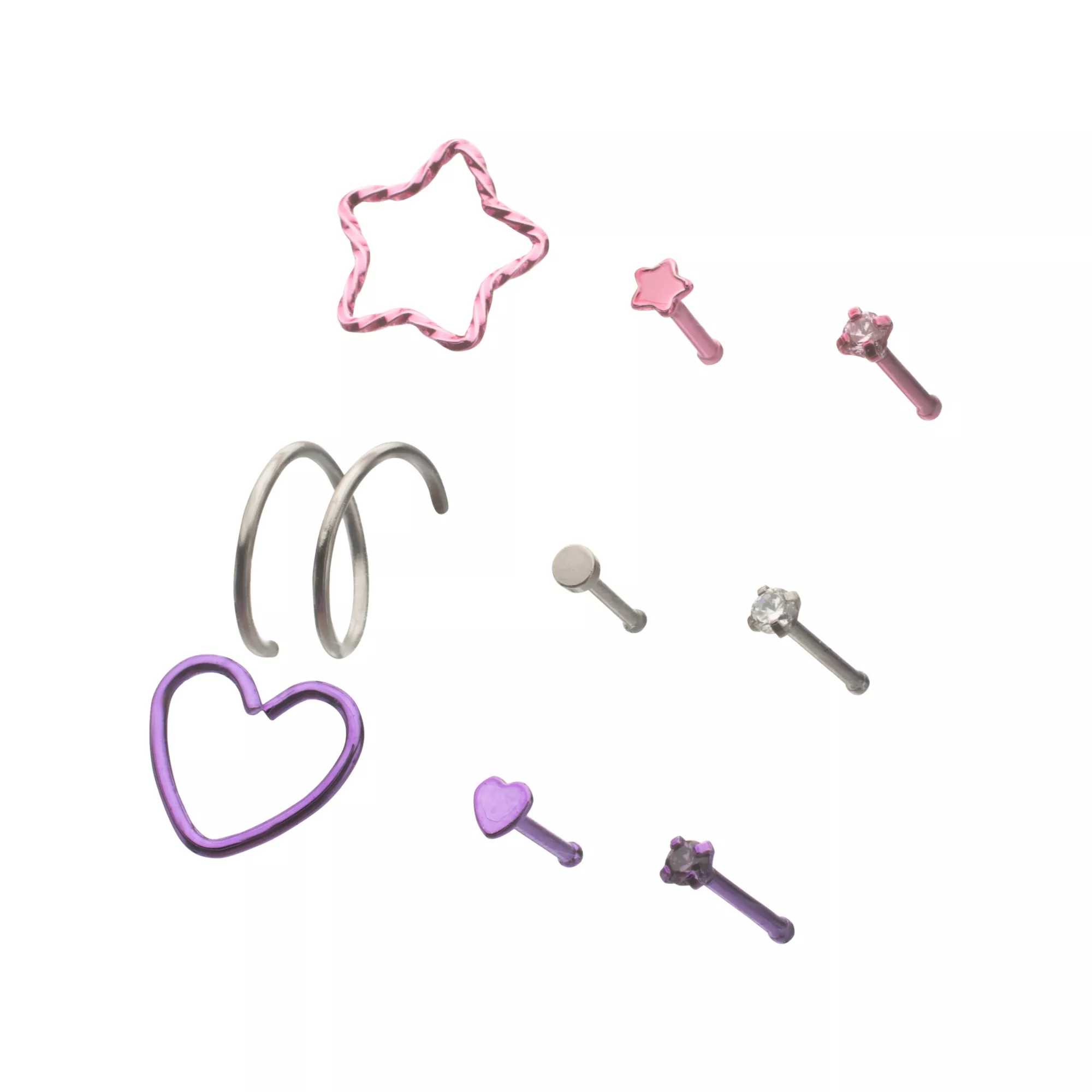 Multi-Pack Pink and Purple Crystal Heart Star Silver-Tone Nose Pins and Hoops 9 Pack - 20 Gauge