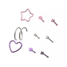 Multi-Pack Pink and Purple Crystal Heart Star Silver-Tone Nose Pins and Hoops 9 Pack - 20 Gauge at Spencer's