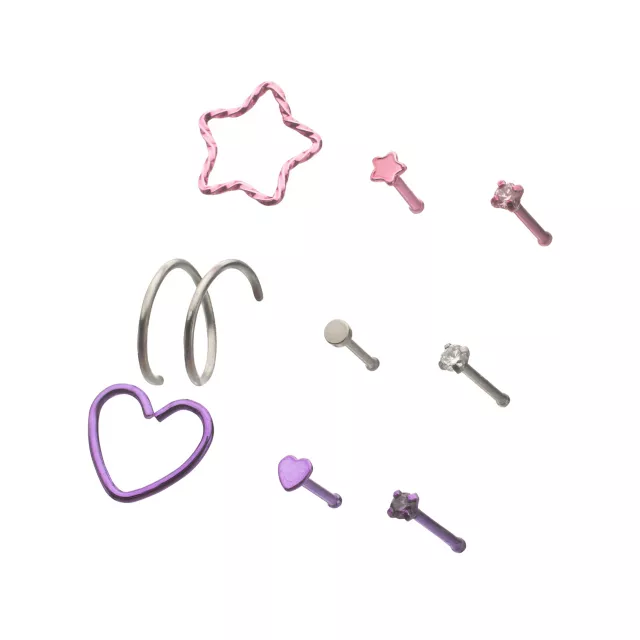 Multi-Pack Pink and Purple Crystal Heart Star Silver-Tone Nose Pins and Hoops 9 Pack - 20 Gauge at Spencer's