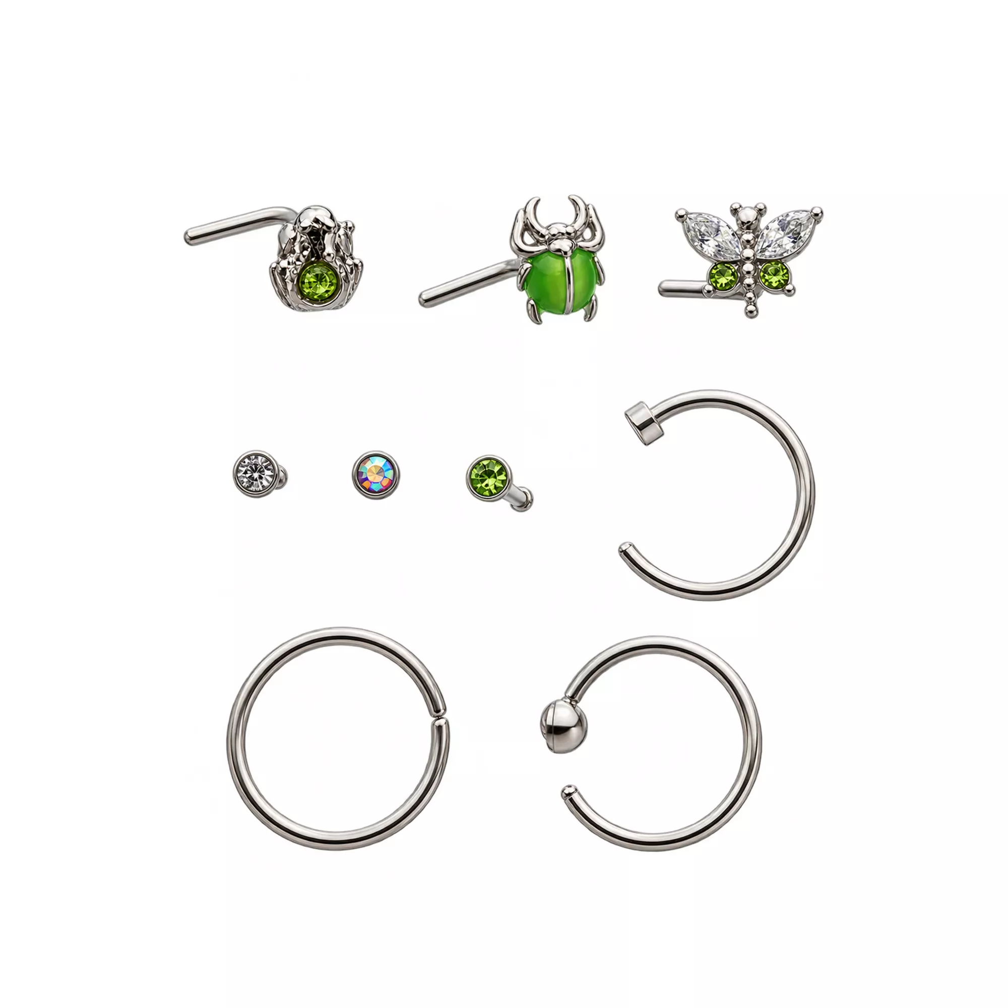 Multi-Pack Clear Green Crystal Critter Silver-Tone Nose Pins and Hoops 8 Pack - 20 Gauge