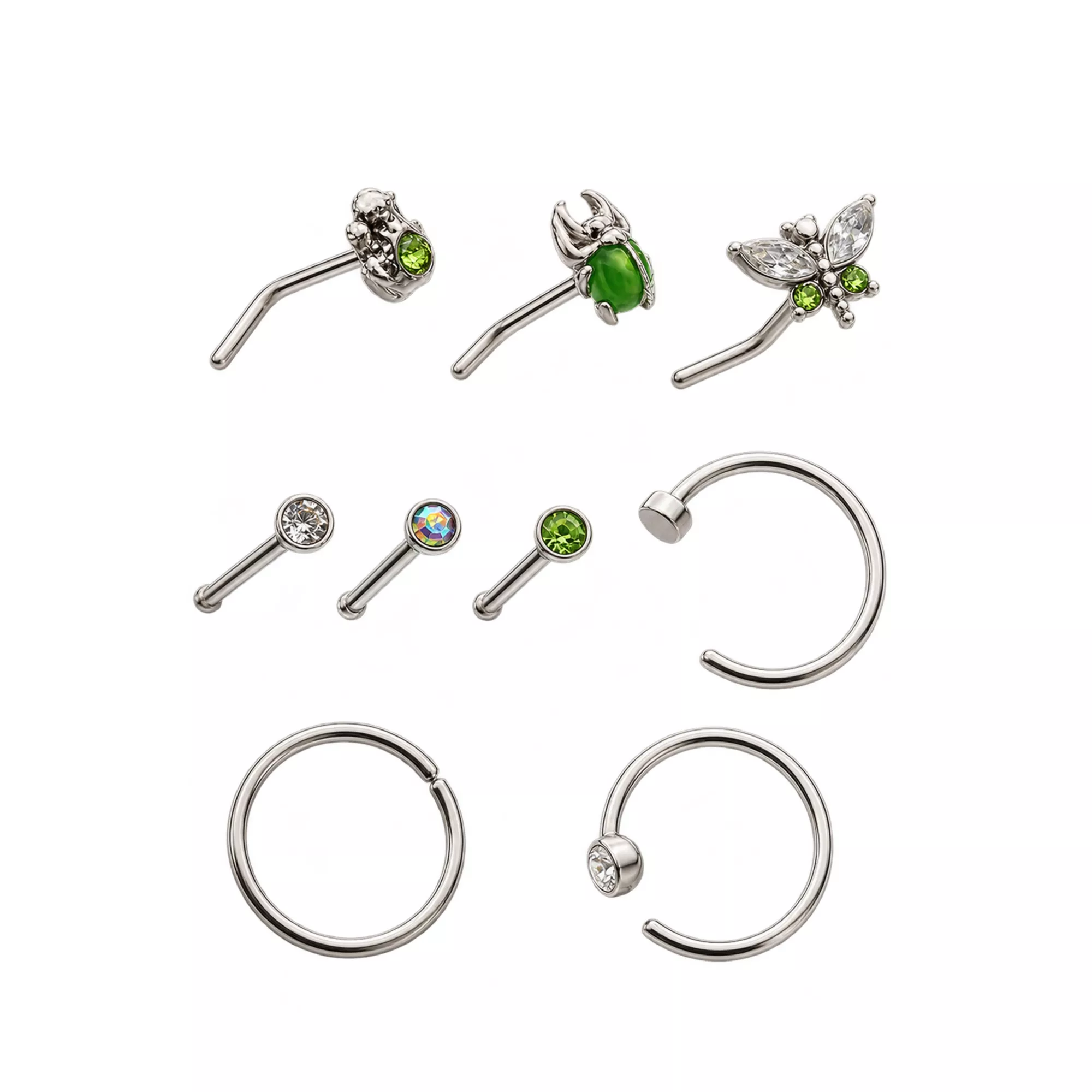 Multi-Pack Clear Green Crystal Critter Silver-Tone Nose Pins and Hoops 8 Pack - 20 Gauge