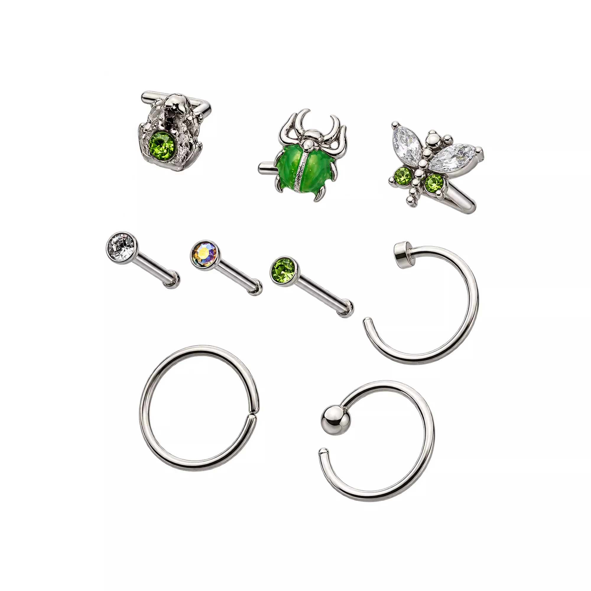 Multi-Pack Clear Green Crystal Critter Silver-Tone Nose Pins and Hoops 8 Pack - 20 Gauge