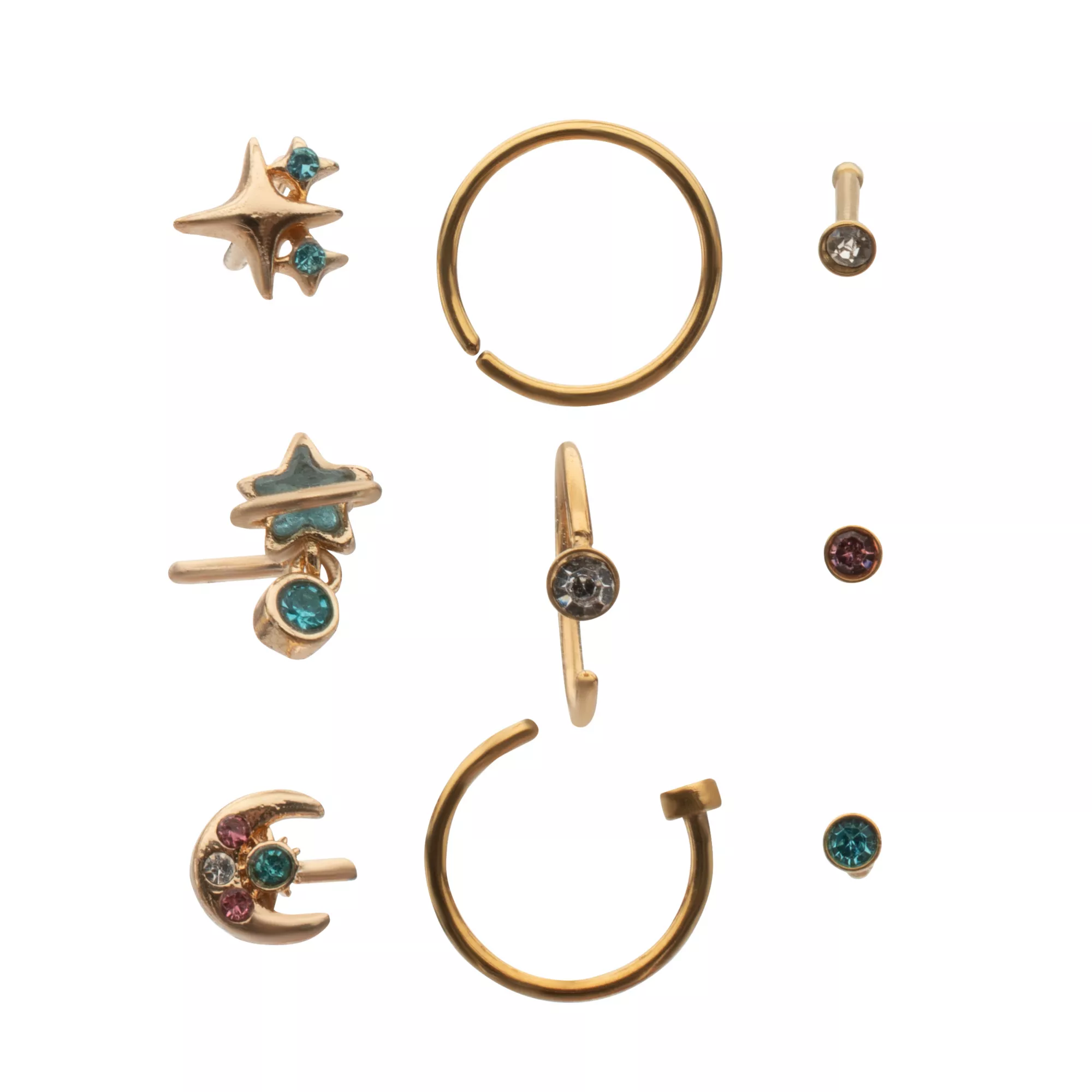 Multi-Pack Multi-Color Crystal Celestial Gold-Tone Nose Pins and Hoops 9 Pack - 20 Gauge