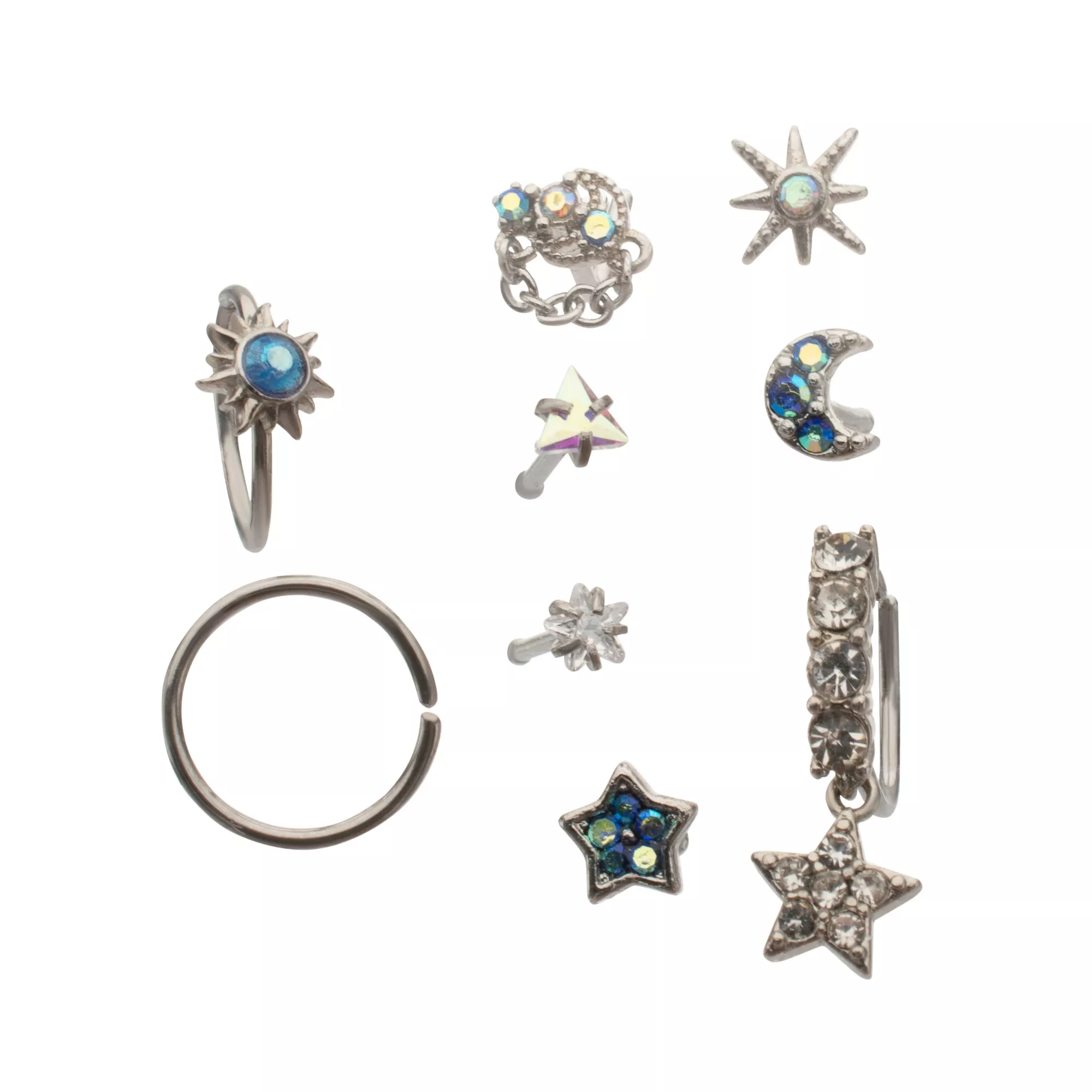 Multi-Pack Iridescent Blue Crystal Celestial Silver-Tone Nose Pins and Hoops 9 Pack - 20 Gauge