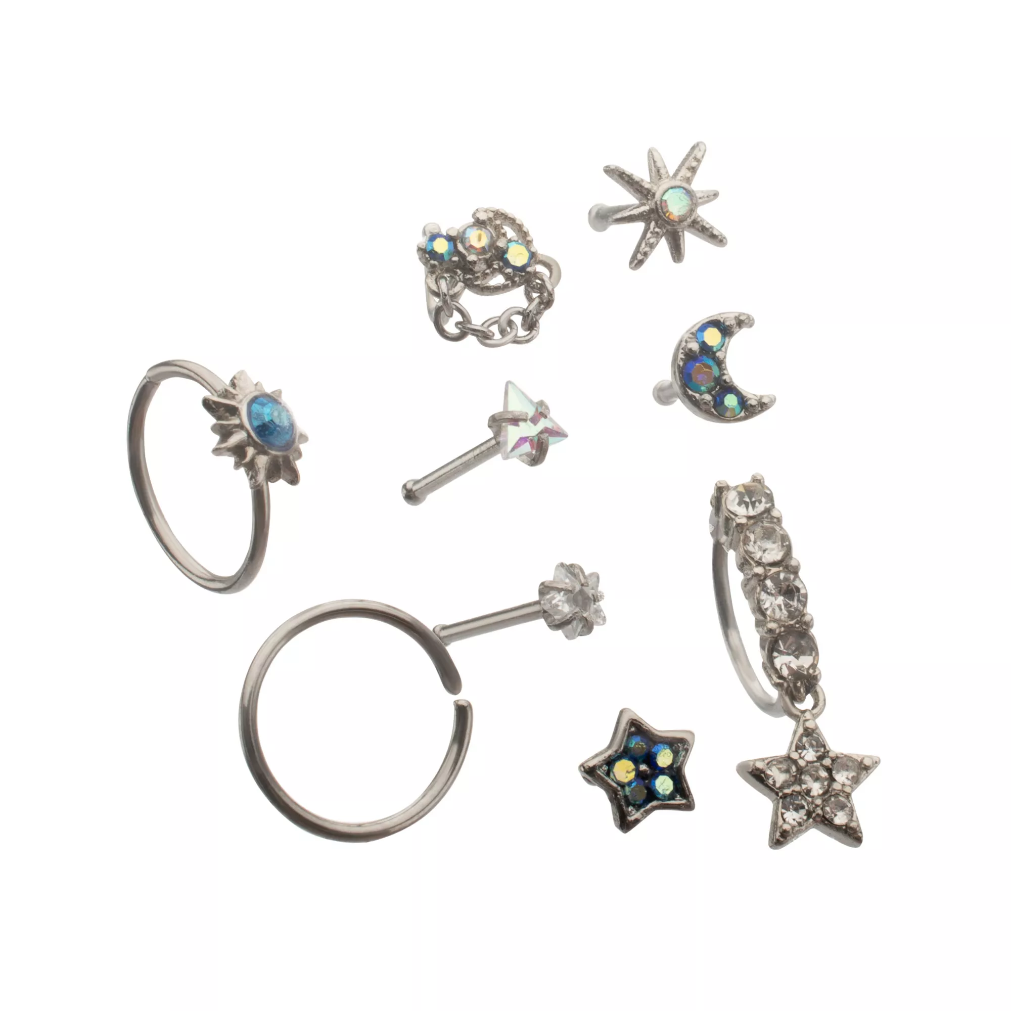 Multi-Pack Iridescent Blue Crystal Celestial Silver-Tone Nose Pins and Hoops 9 Pack - 20 Gauge