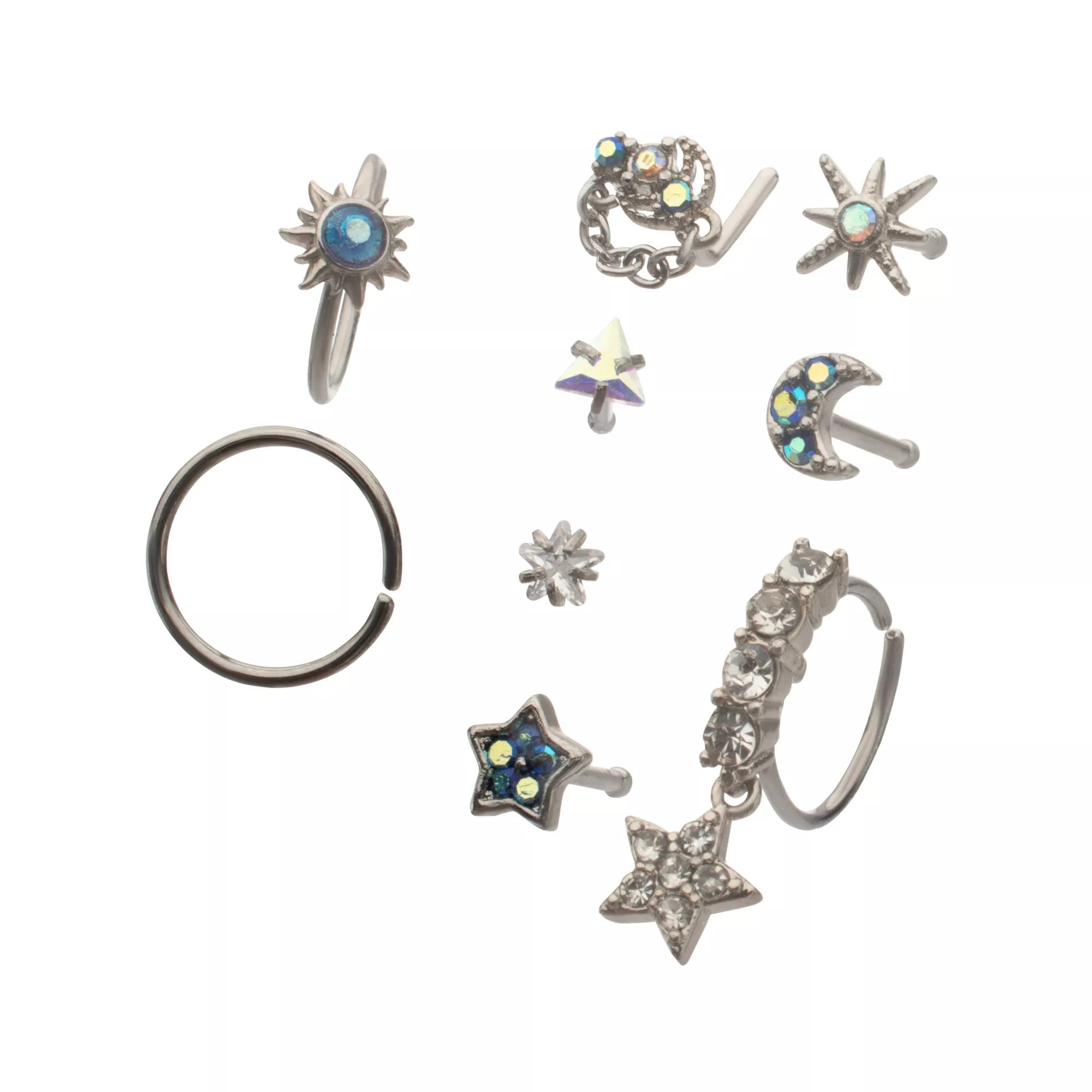 Multi-Pack Iridescent Blue Crystal Celestial Silver-Tone Nose Pins and Hoops 9 Pack - 20 Gauge