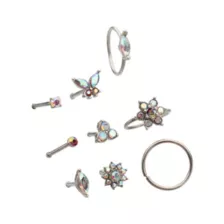Multi-Pack AB Mixed Crystal Butterfly and Nose Ring Set 9 Pack - 20 Gauge at Spencer's
