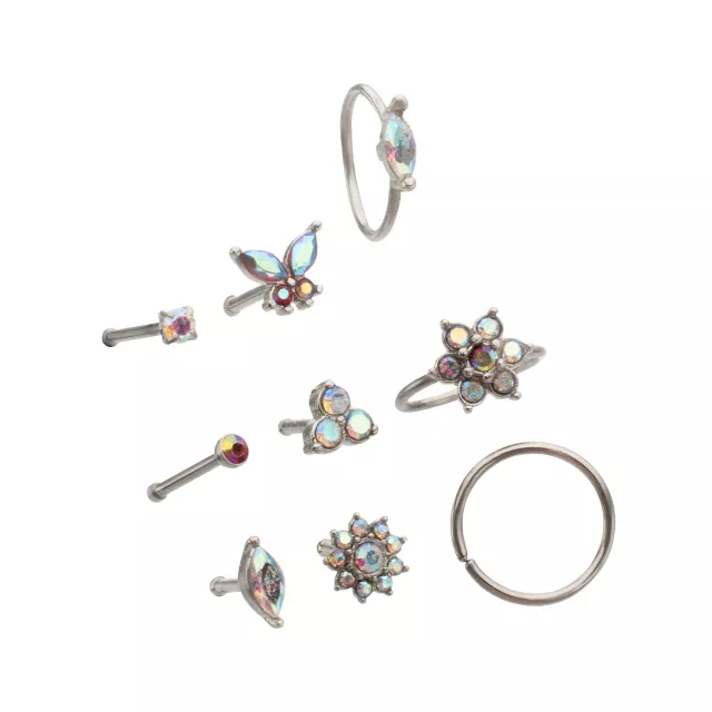 Multi-Pack AB Mixed Crystal Butterfly and Nose Ring Set 9 Pack - 20 Gauge at Spencer's