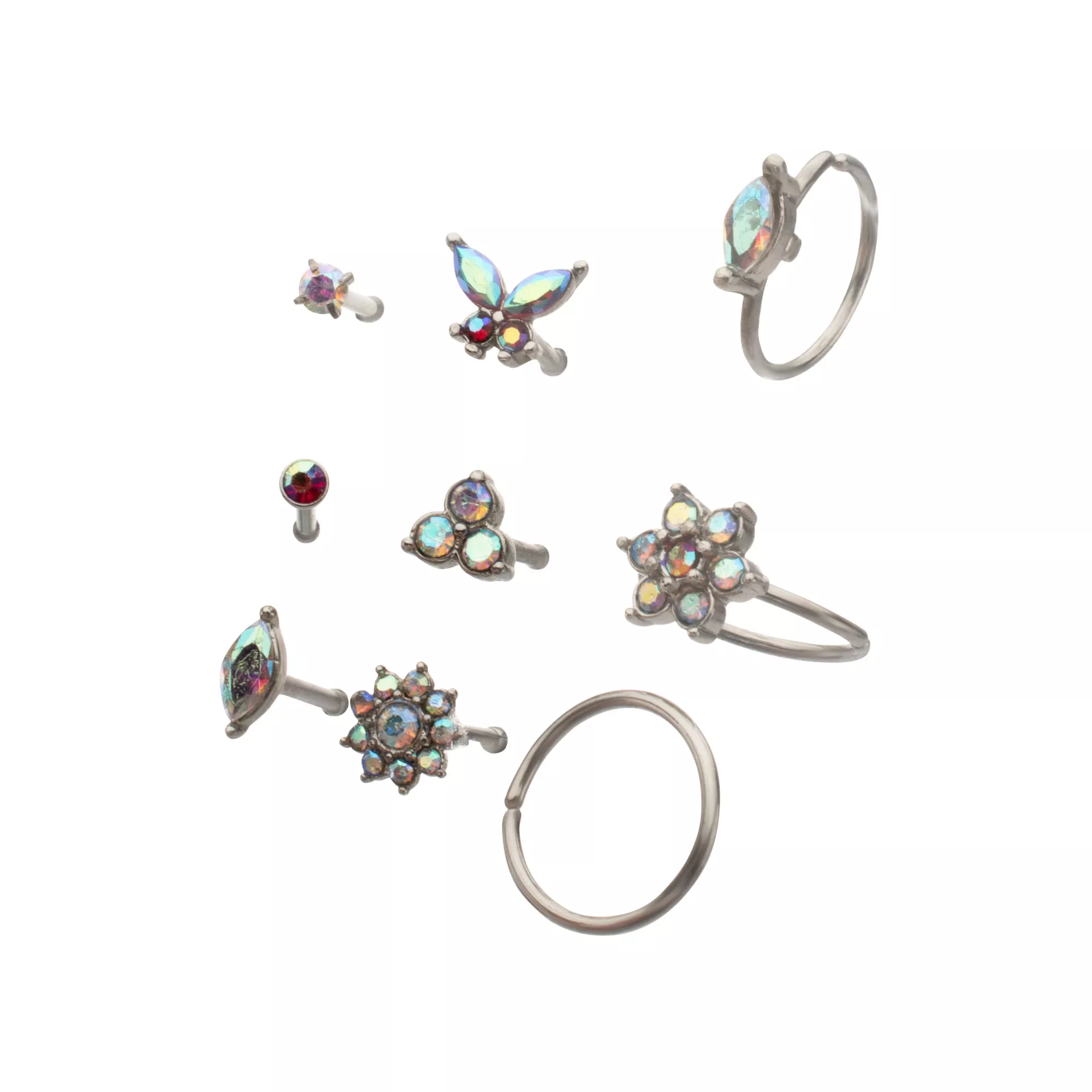 Multi-Pack AB Mixed Crystal Butterfly and Nose Ring Set 9 Pack - 20 Gauge at Spencer's