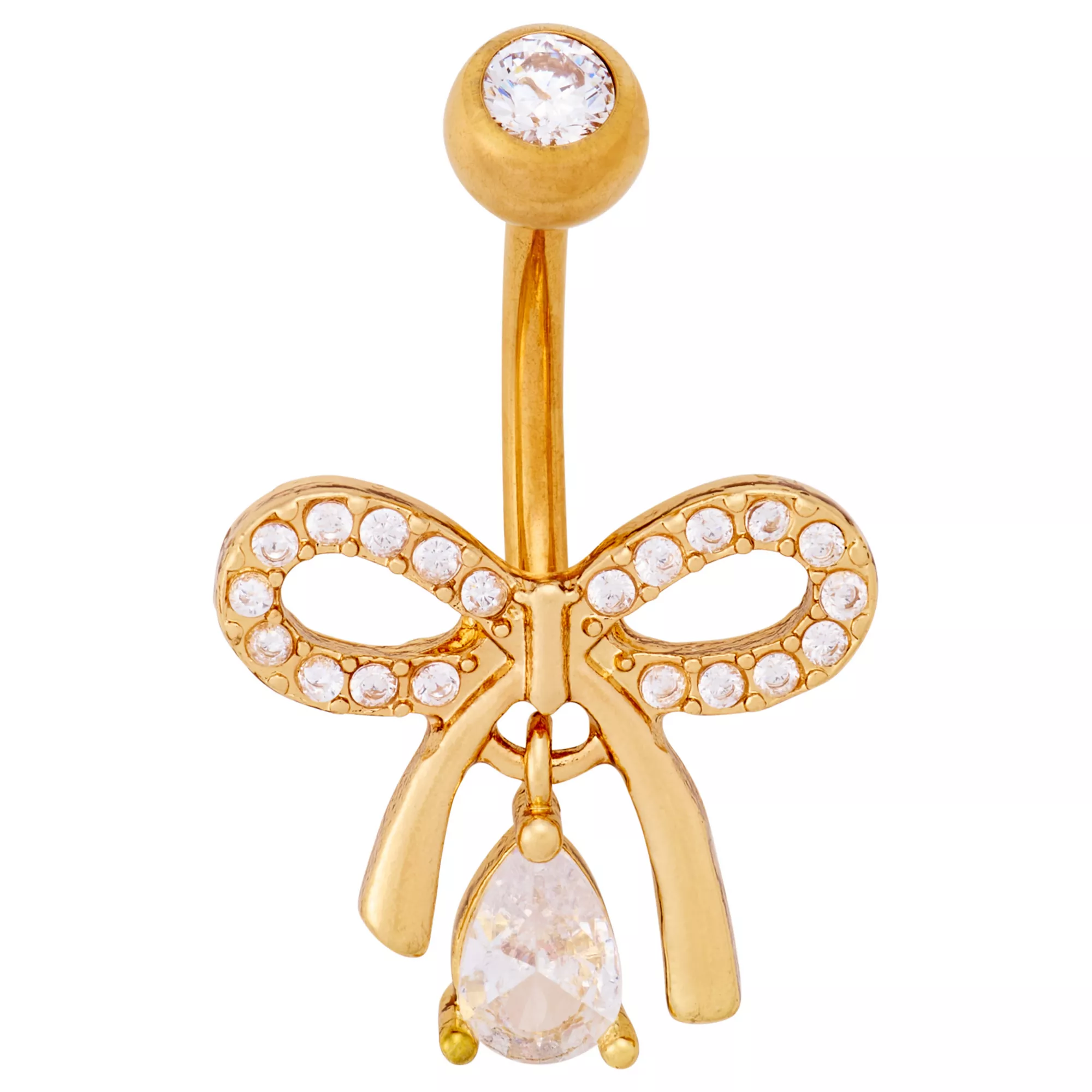 CZ Titanium Gold-Toned Bow Dangle Belly Ring - 14 Gauge at Spencer's