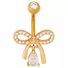 CZ Titanium Gold-Toned Bow Dangle Belly Ring - 14 Gauge at Spencer's
