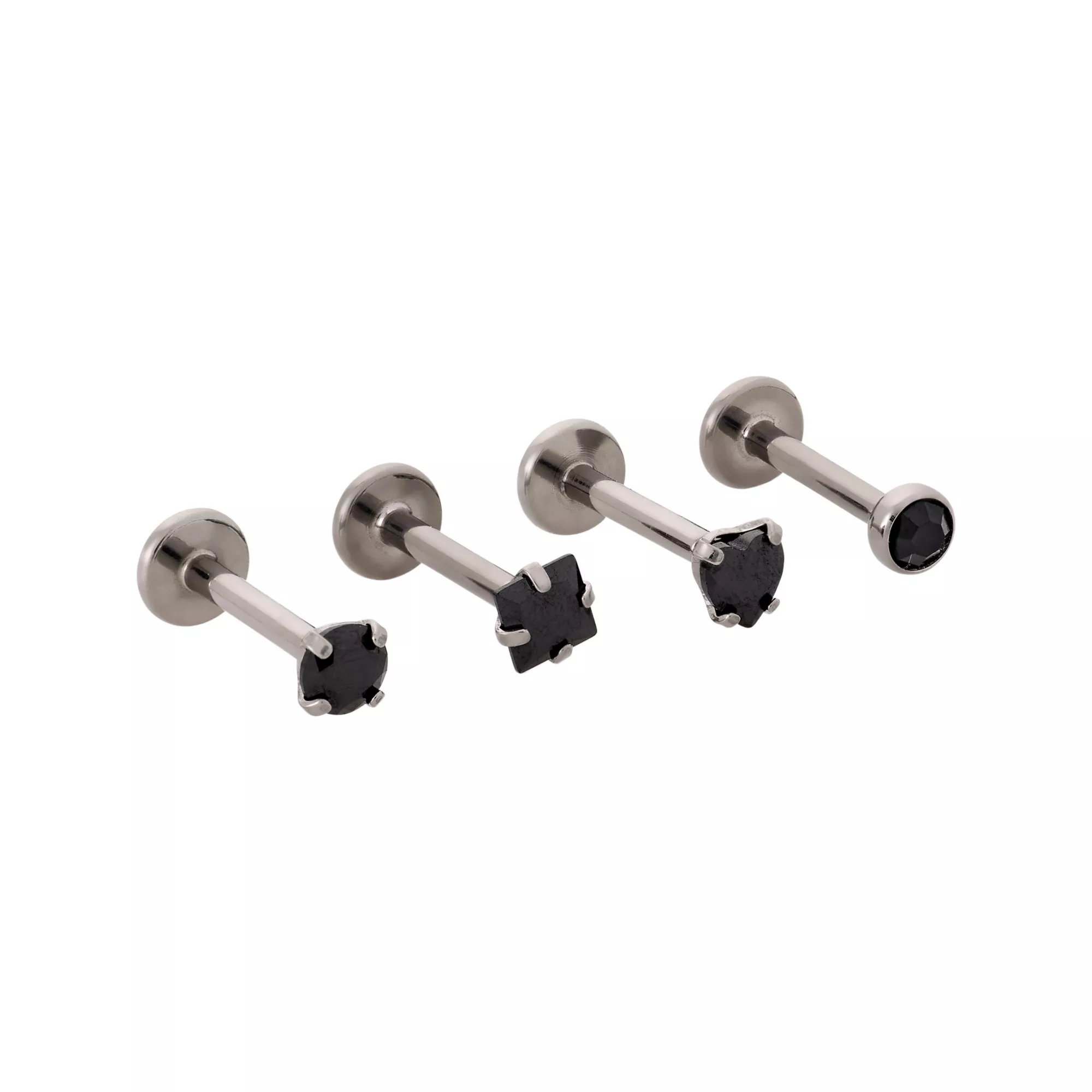 Multi-Pack ASTM F-136 Titanium Heart Square Round Black CZ Labret Lip Rings 4 Pack - 16 Gauge at Spencer's