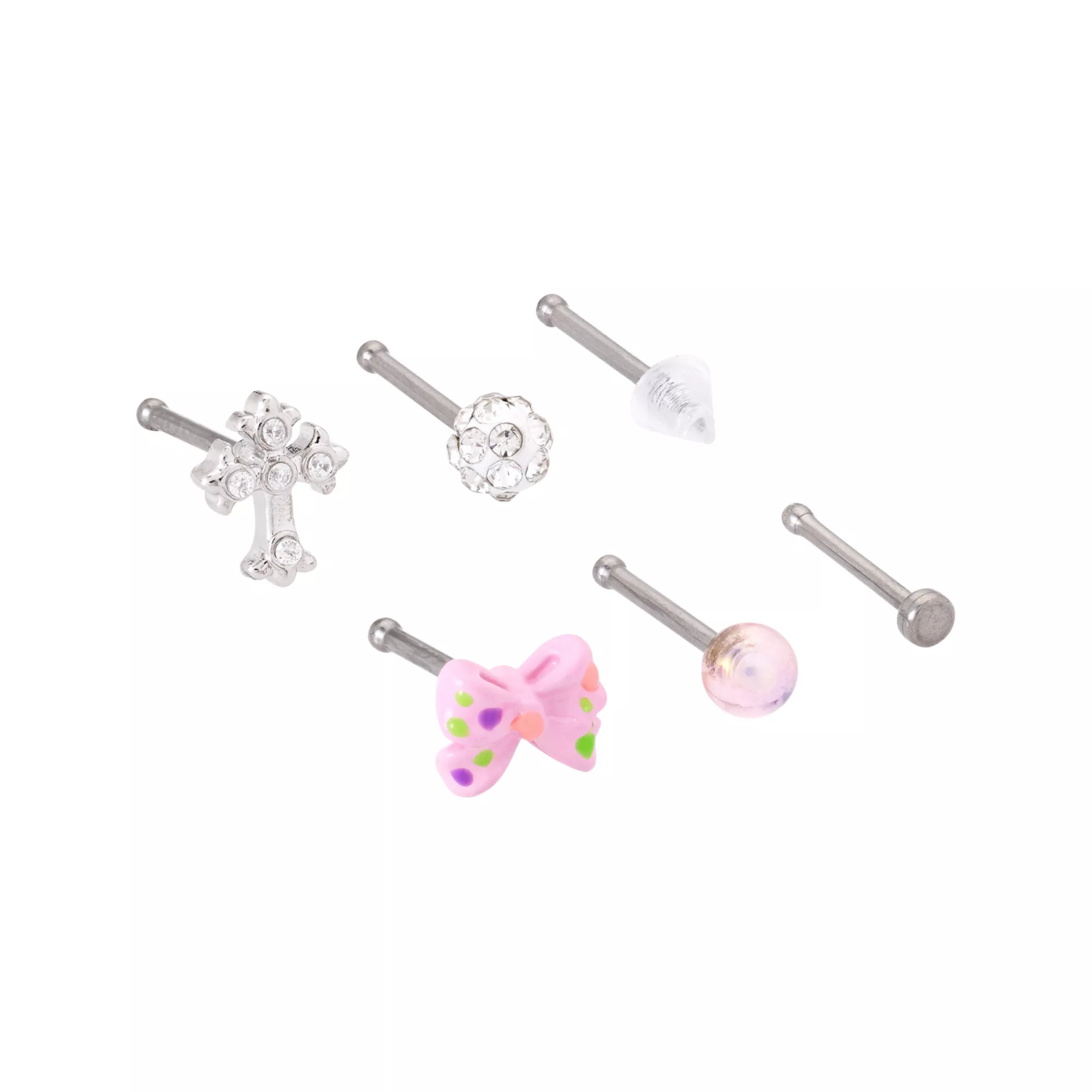 Multi-Pack CZ Pink Bow Cross Titanium Pin Nose Rings 6 Pack - 20 Gauge at Spencer's