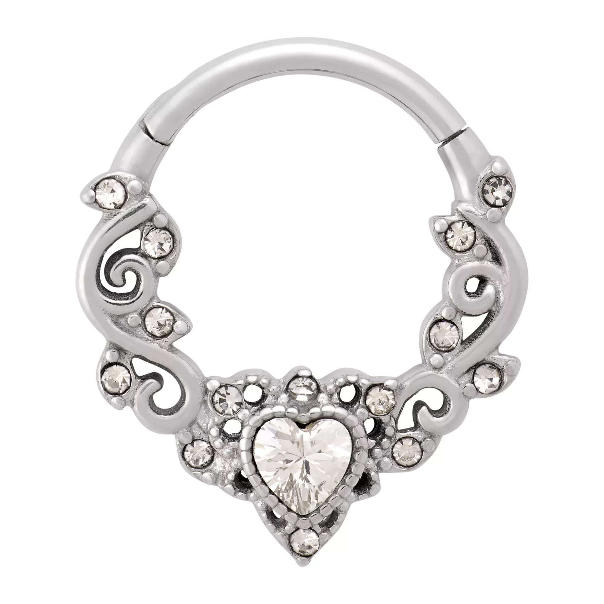 CZ Lace Heart Hinged Septum Ring - 16 Gauge
