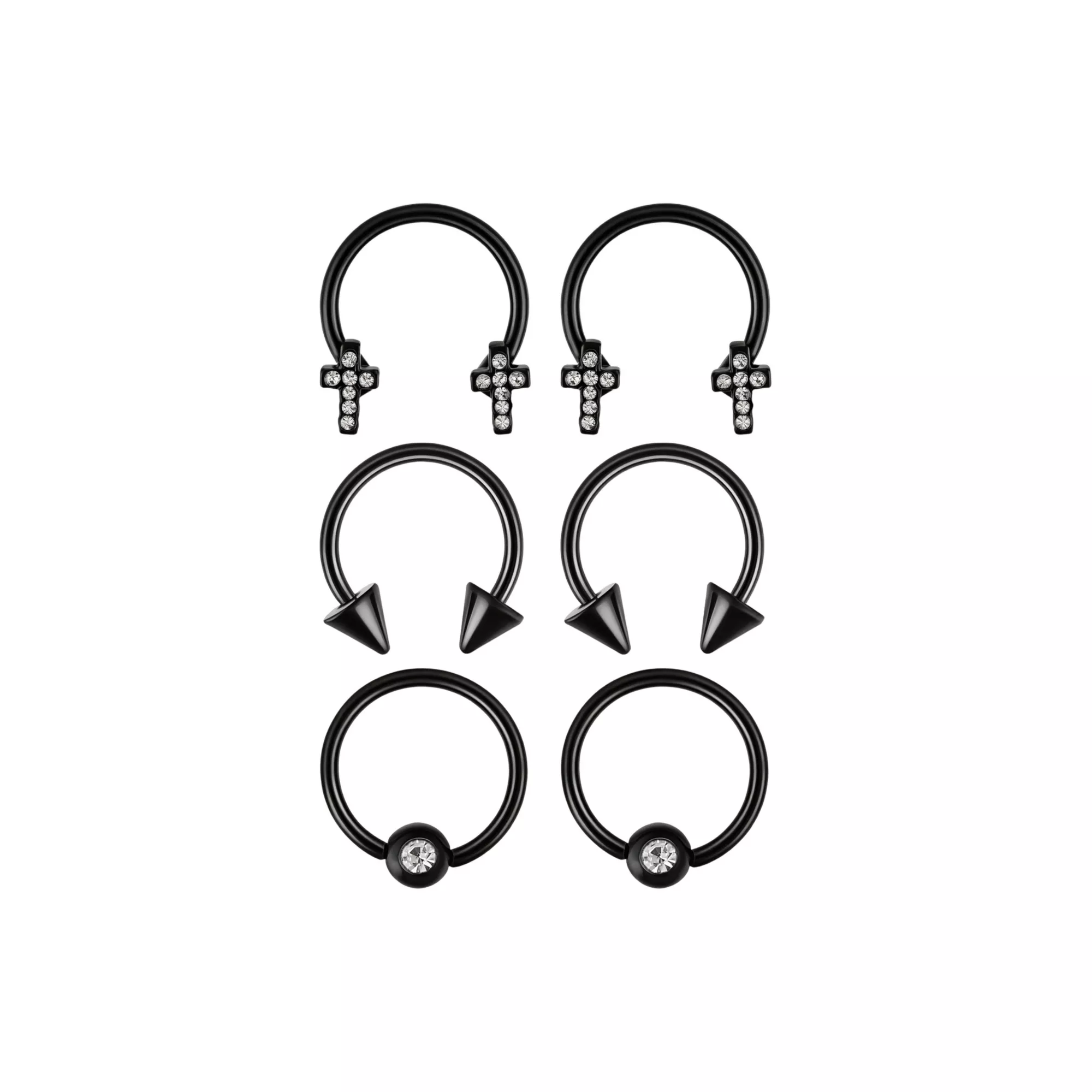 Multi-Pack CZ Black Cross Titanium Horseshoe Rings and Captive Rings 3 Pair - 16 Gauge at Spencer's