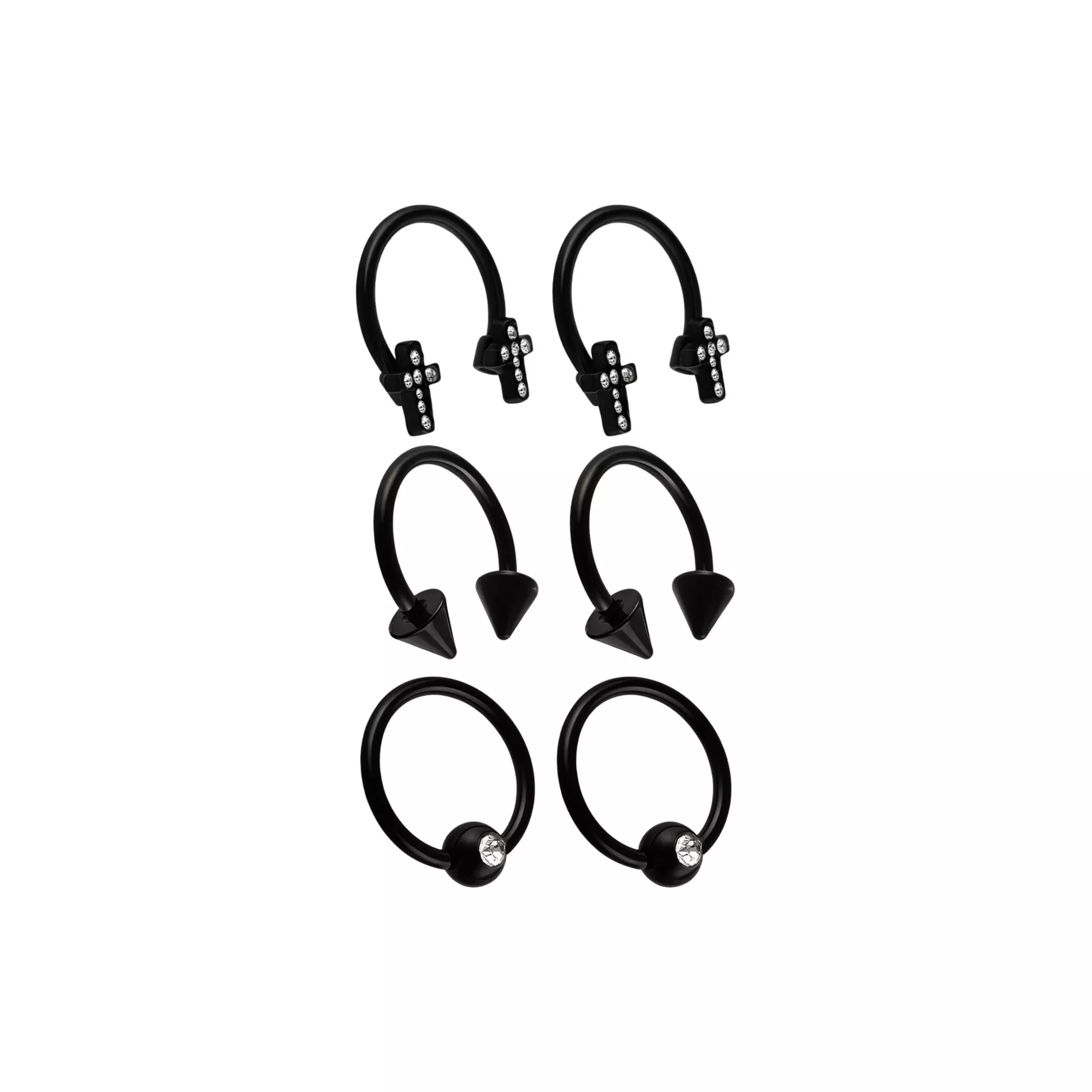 Multi-Pack CZ Black Cross Titanium Horseshoe Rings and Captive Rings 3 Pair - 16 Gauge at Spencer's