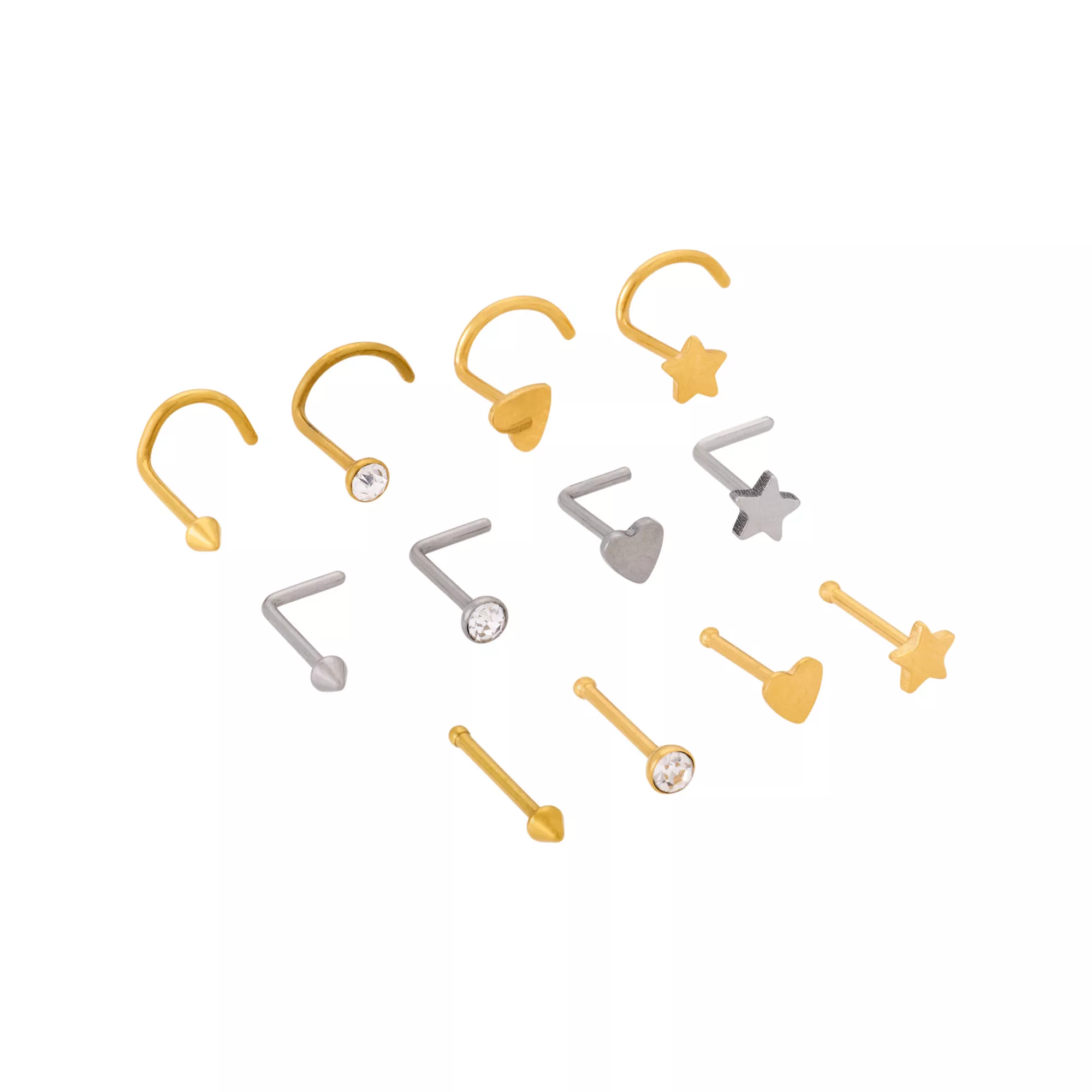Multi-Pack CZ Heart and Star Titanium Mixed Nose Rings 12 Pack - 20 Gauge at Spencer's