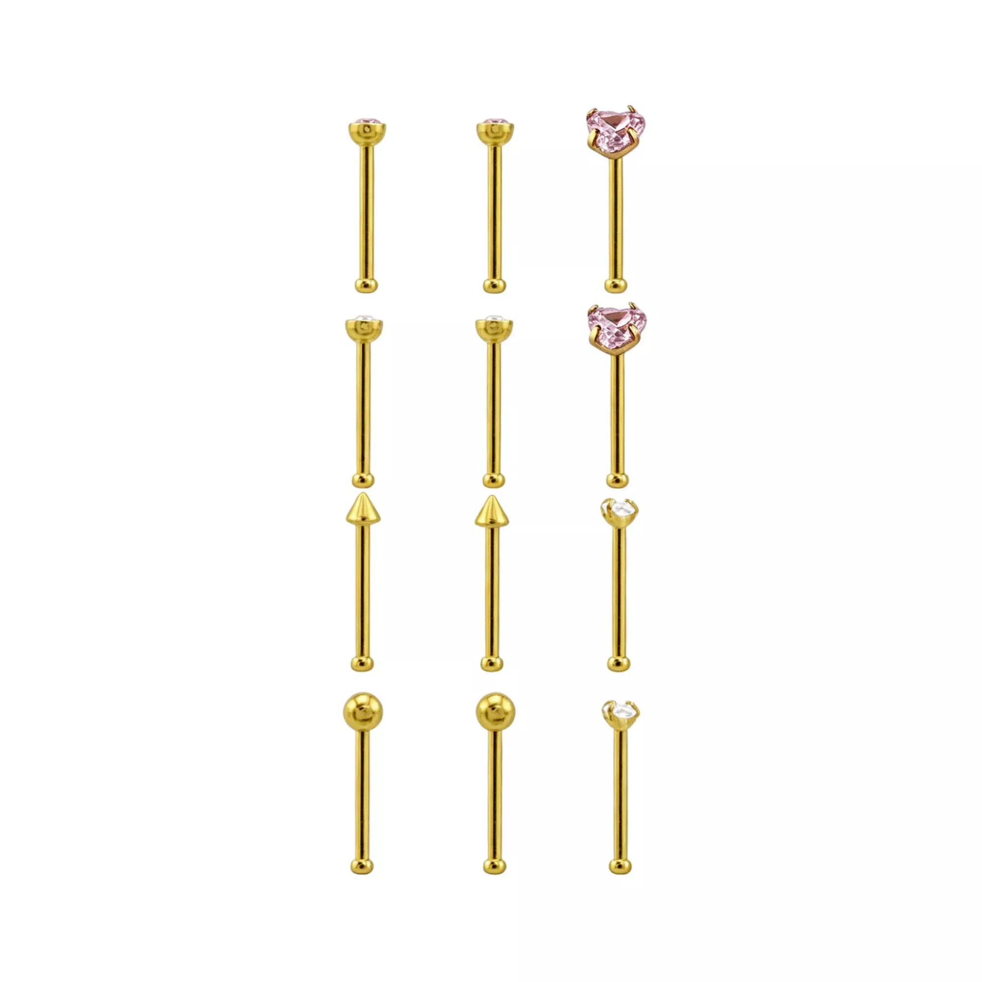 Multi-Pack CZ Pink Heart Gold-Tone Nose Bones 12 Pack - 20 Gauge
