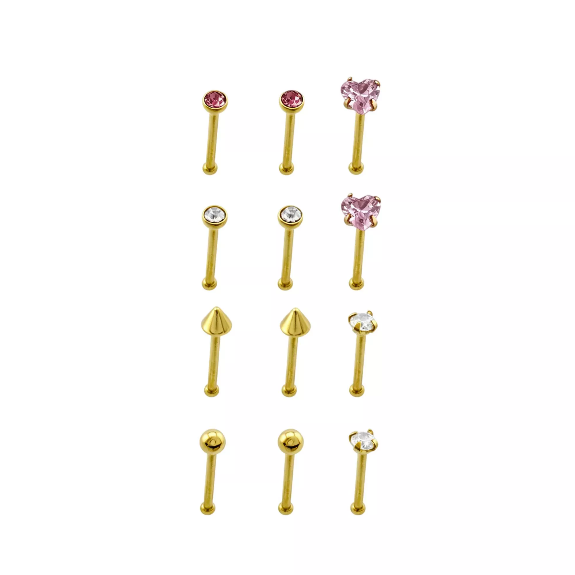 Multi-Pack CZ Pink Heart Gold-Tone Nose Bones 12 Pack - 20 Gauge
