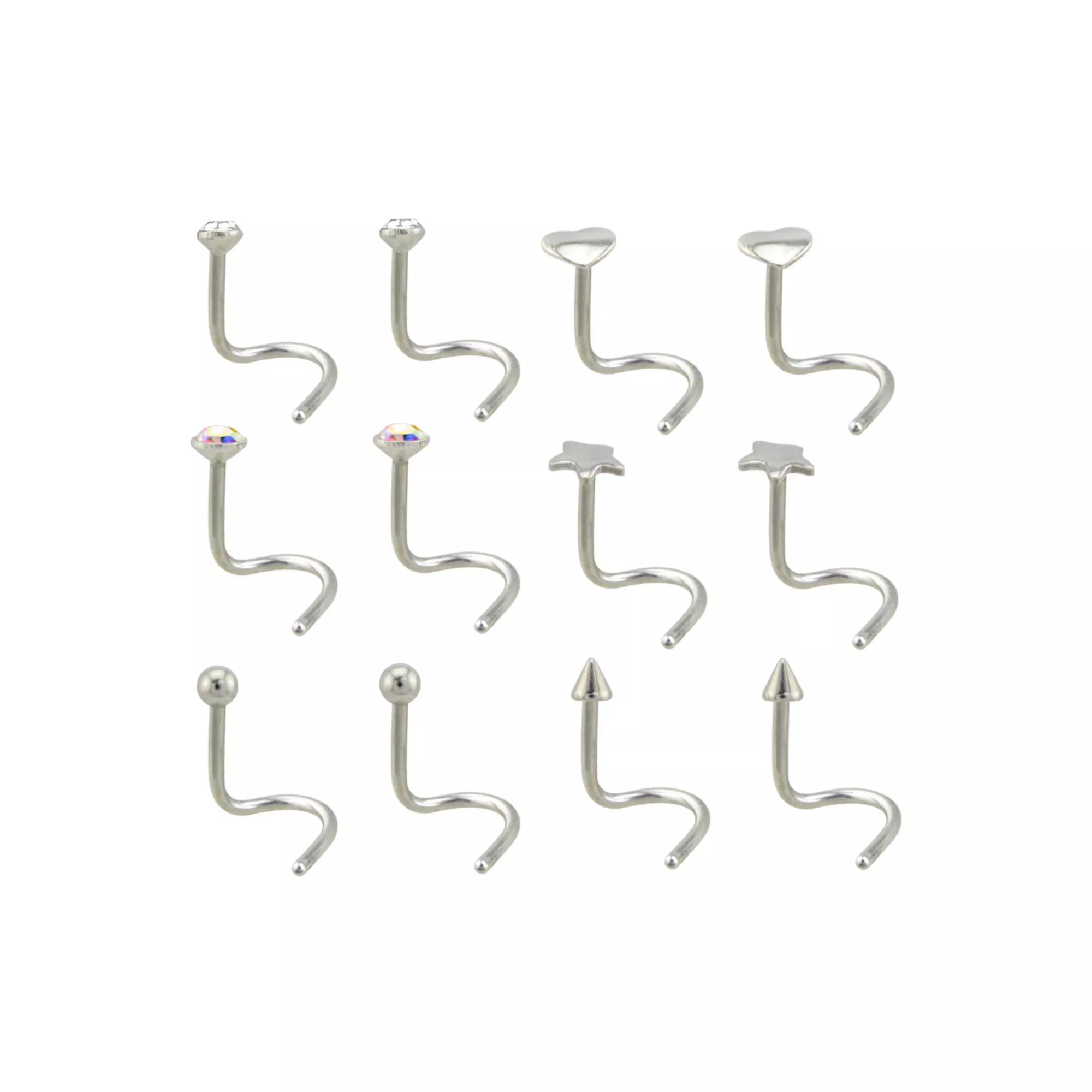 Multi-Pack CZ Heart and Star Screw Nose Rings 12 Pack - 20 Gauge