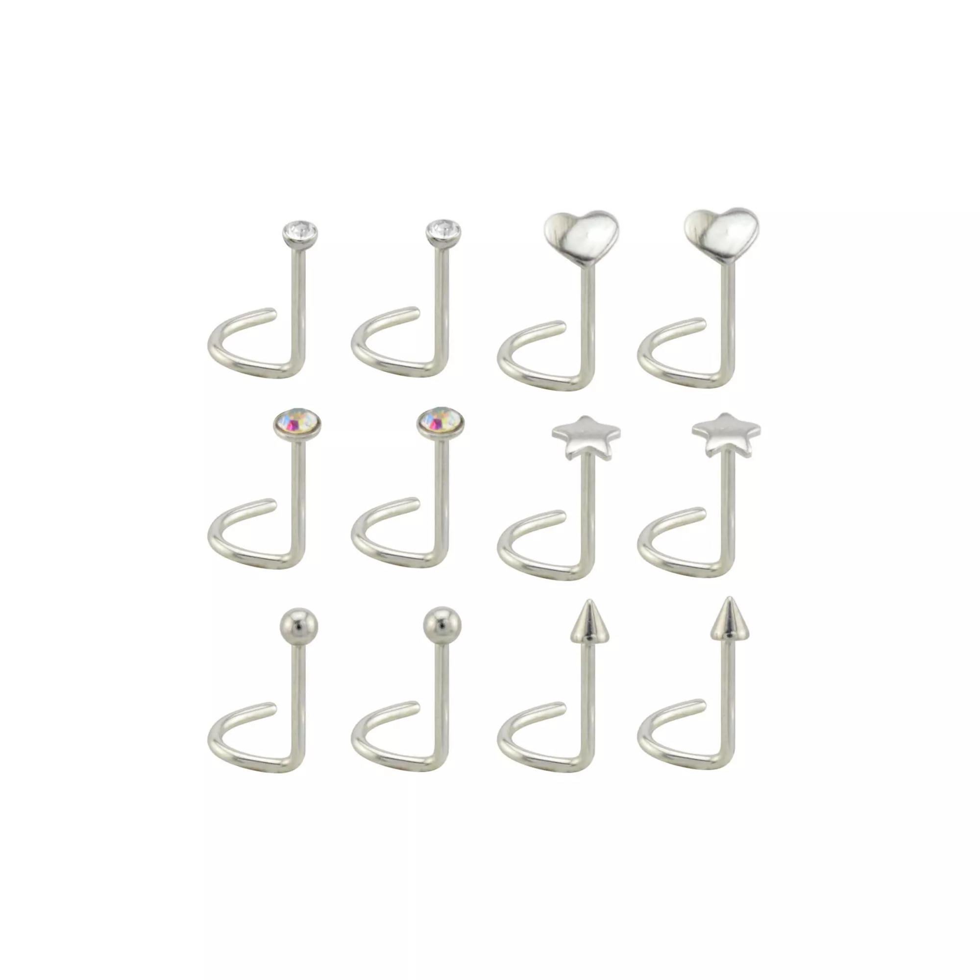Multi-Pack CZ Heart and Star Screw Nose Rings 12 Pack - 20 Gauge