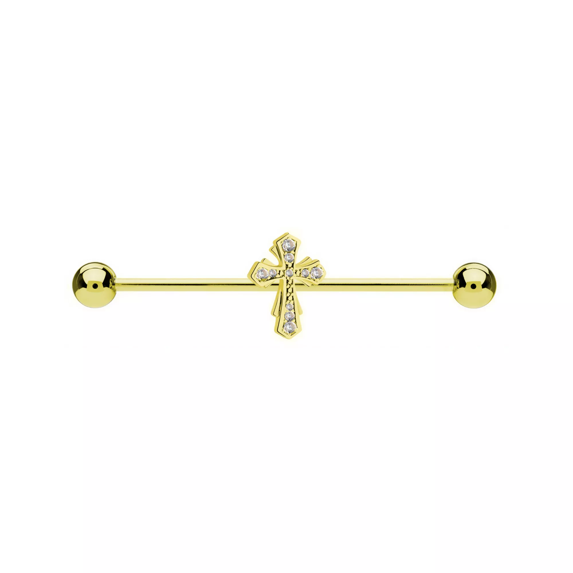 CZ Gold-Tone Cross Industrial Barbell - 14 Gauge at Spencer's