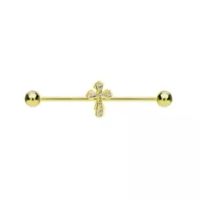 CZ Gold-Tone Cross Industrial Barbell - 14 Gauge at Spencer's