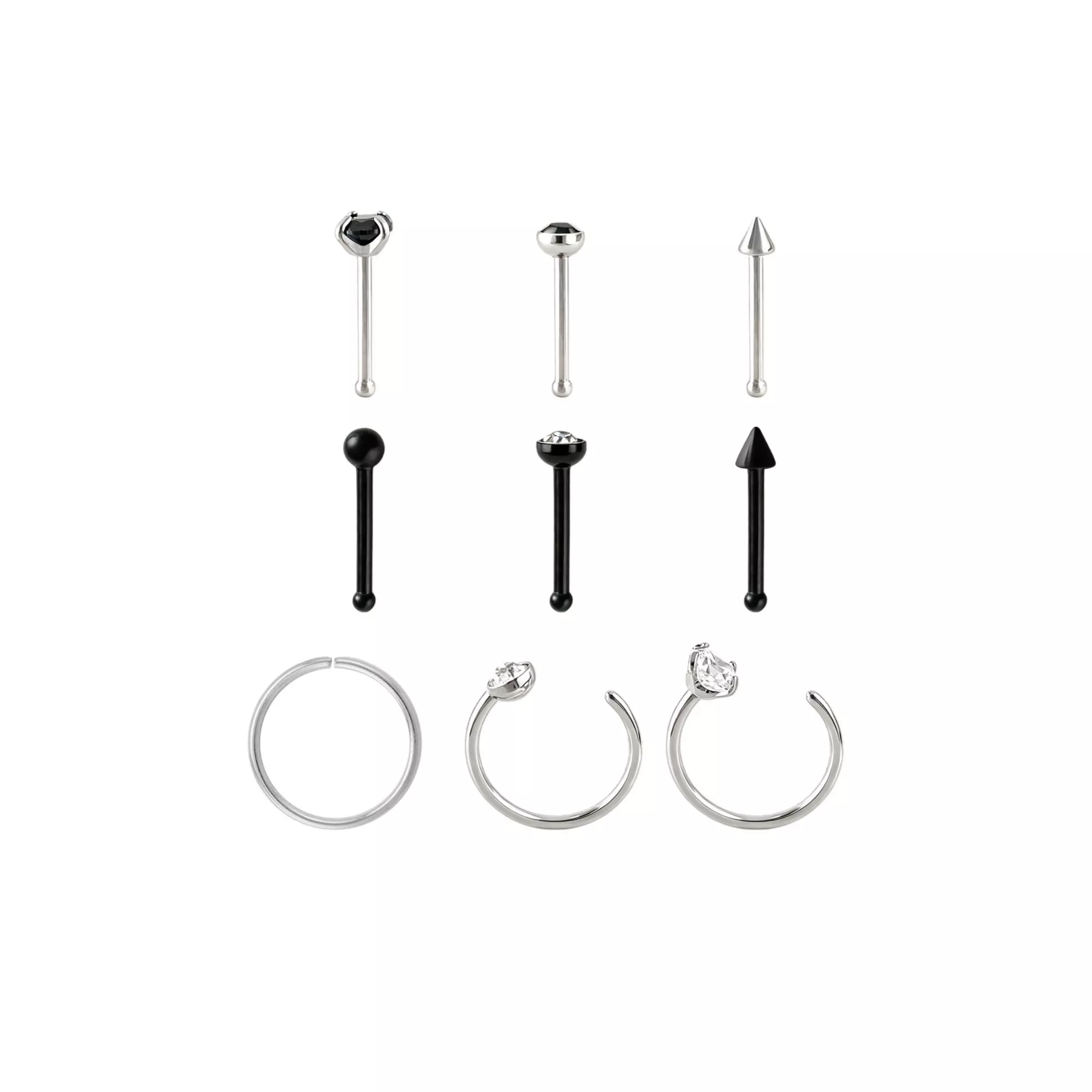 Multi-Pack CZ Black and Silver-Tone Bone Nose Rings and Hoop Nose Rings 9 Pack - 20 Gauge